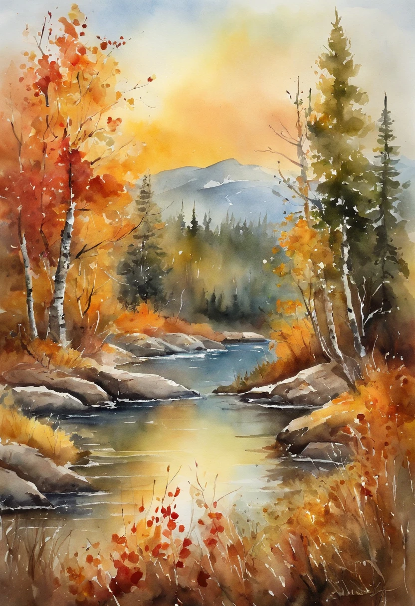 Autumn Ural Mountains, Autumn landscape, Mountain lake, watercolour