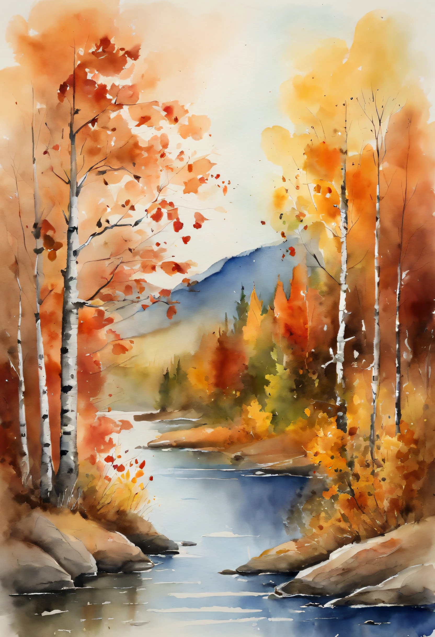 Autumn Ural Mountains, Autumn landscape, Mountain lake, watercolour