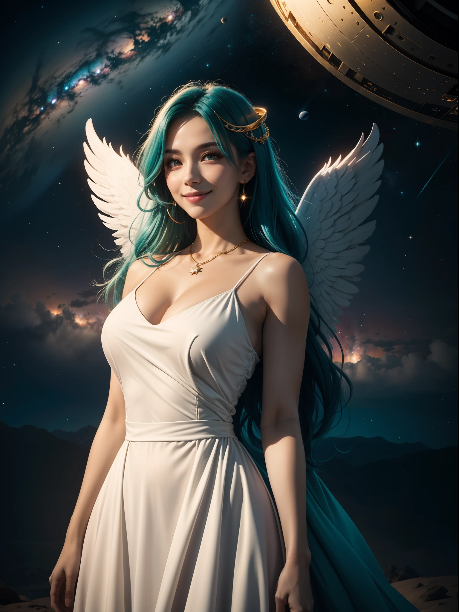a woman, teal hair, red eyes, smile, angel wings, golden halo, white dress, standing upright, in outer space, Milky Way in the background, stars in the distance, upper body