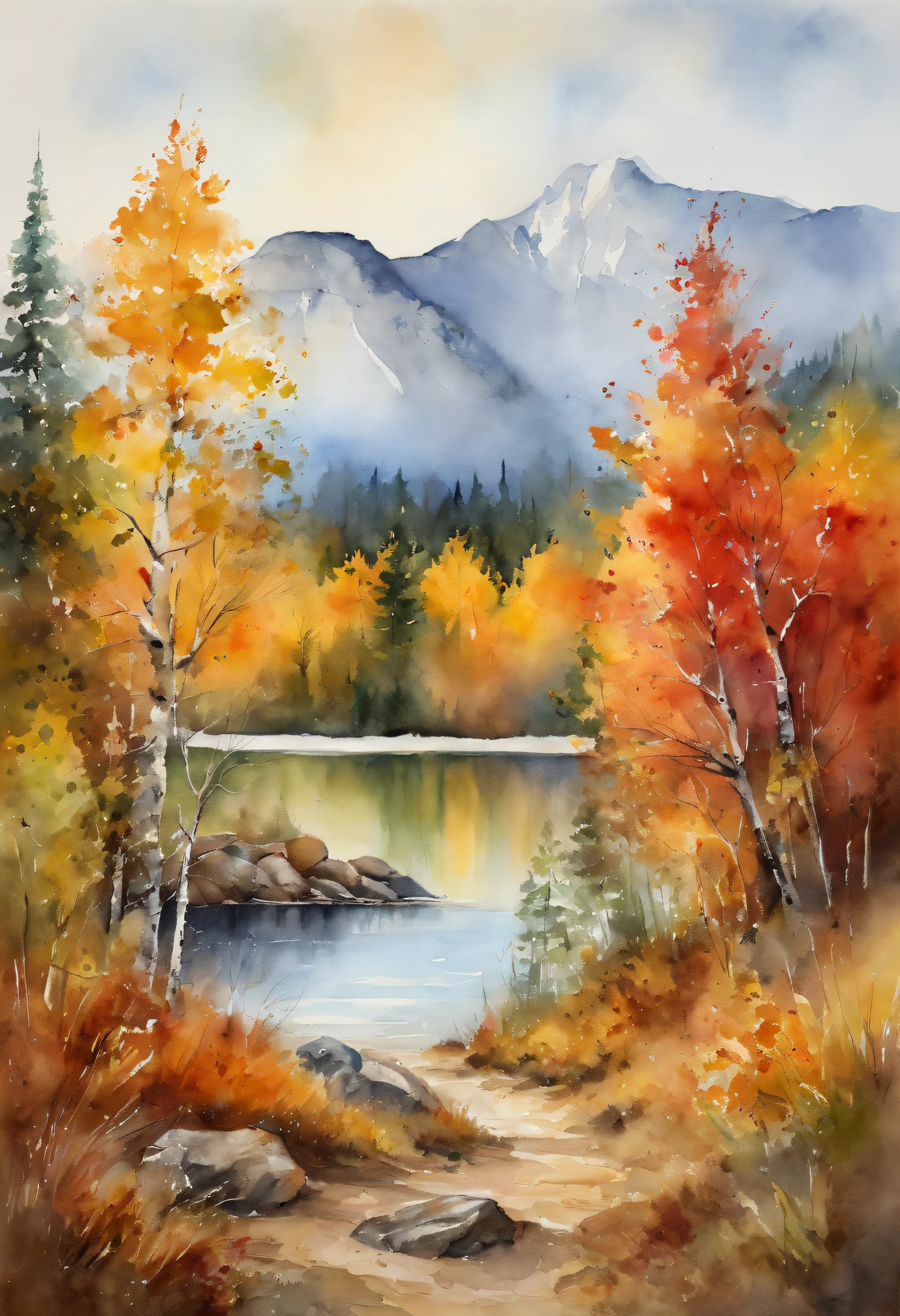 Autumn Ural Mountains, Autumn landscape, Mountain lake, watercolour