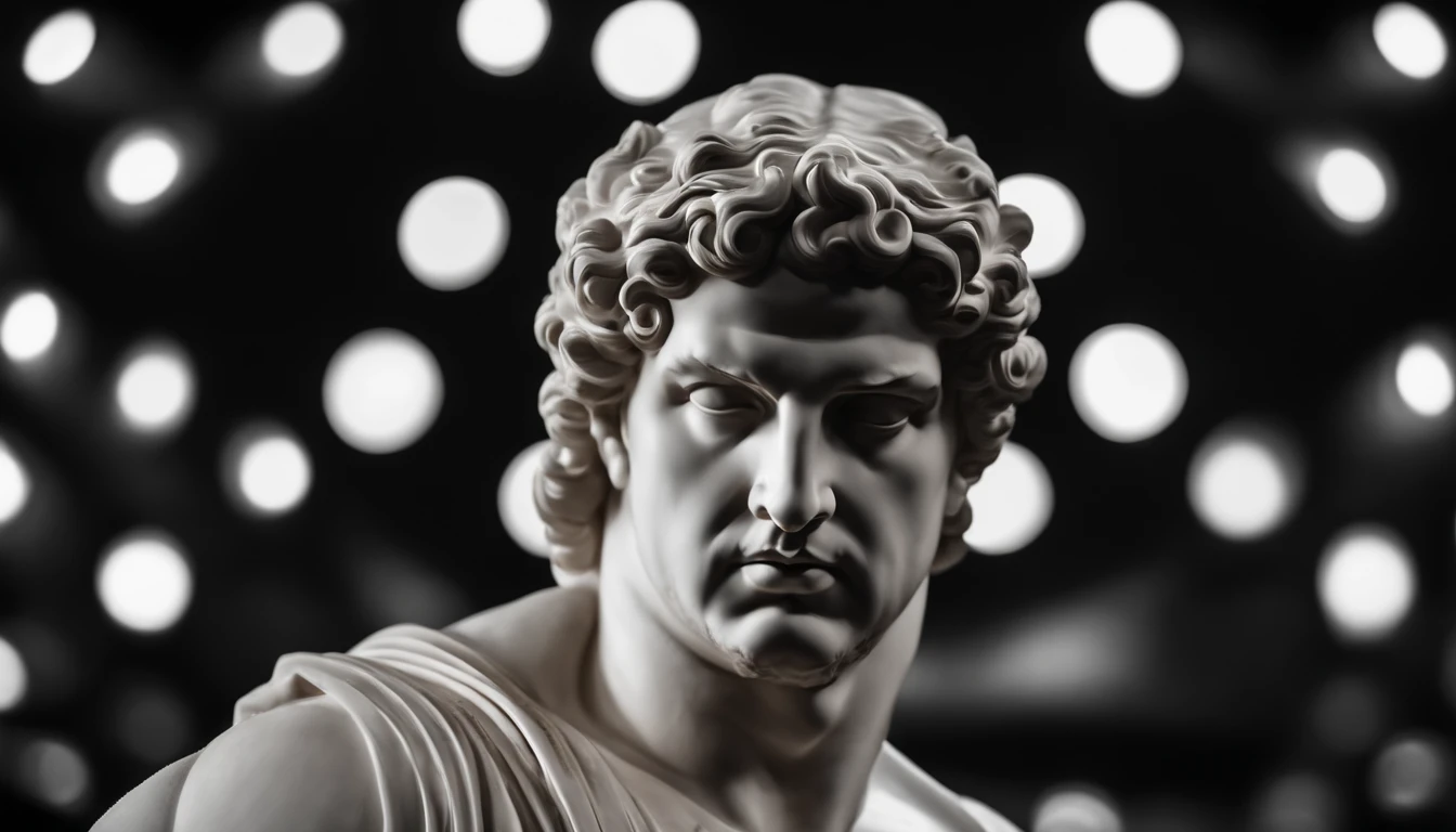 Greek muscle philosopher man statue, Ultra Detalhado, Breaking statues, Gym pose, Preto e branco, cinematic movie photograph, foco nítido, filmagem de cinema, cena de cinema, altamente detalhado, epics, dramatic lighting, Zoom do lado esquerdo, closeup background with elements of Greece or Rome, solid black background, fundo desfocado, Efeito bokeh, Efeito vidro quebrado, sem plano de fundo, deslumbrante, algo que nem existe, Being mythical, energia, molecular, Texturas, Escalas iridescentes e luminescentes, beleza deslumbrante, pure perfection, Divine Presence, unforgettable, atordoante, breathtaking beauty, volumetric light, Ter, raios, vivid colors,8k,