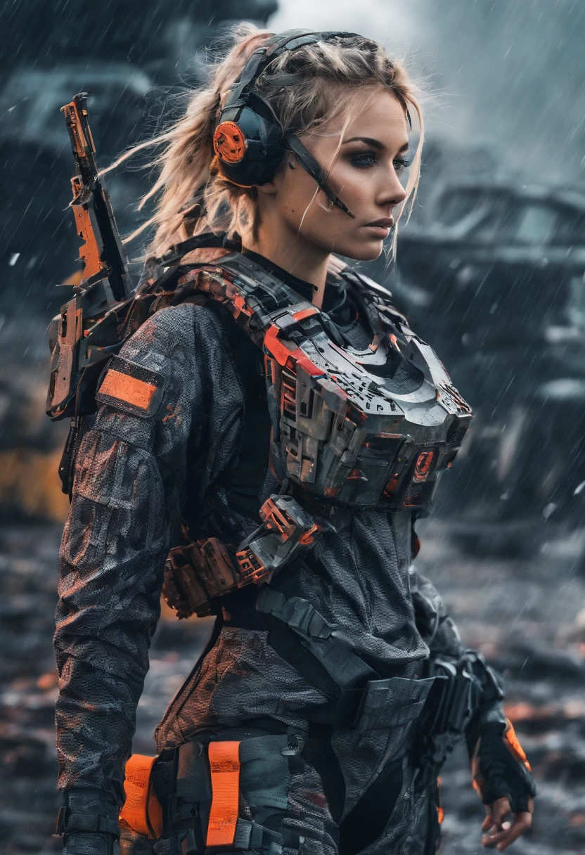 Postapocalyptic combat scene with a Beautiful hyperrealistic photograph of cute Young Swedish woman with Runic tattoos, ((dirty face Blood splattered)), Kaftan, (((wearing full heavy mecha armor, combat harness, Neon highlights))) Short Red Dreadlocks, combat pose, (((Holding on to the side of a combat Sci-Fi Combat helicopter))), exterior of Destroyed building, Fires, Smoke, debris, Camo netting, Ammo Boxes, Rain, Stormy, Wet, abstract beauty, near perfection, pure form, intricate detail, 8k post-production, High resolution, super Detail, trending on ArtStation, sharp focus, studio photos, intricate detail, Very detailed, By Greg Rutkowski