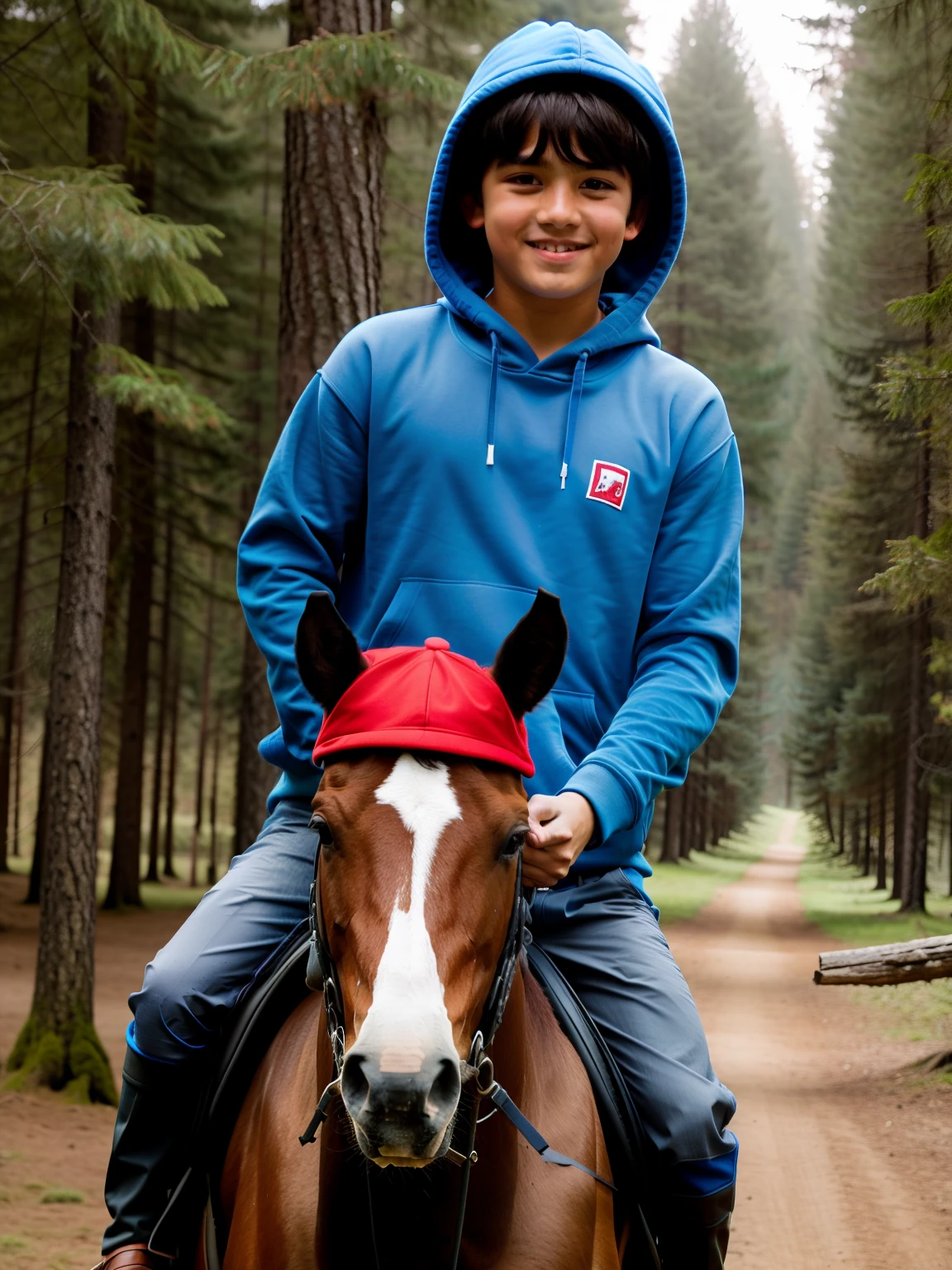 boy with bangs riding on a horse in the forest wearing a blue hoodie and a red cap and shooting into the air with a gun