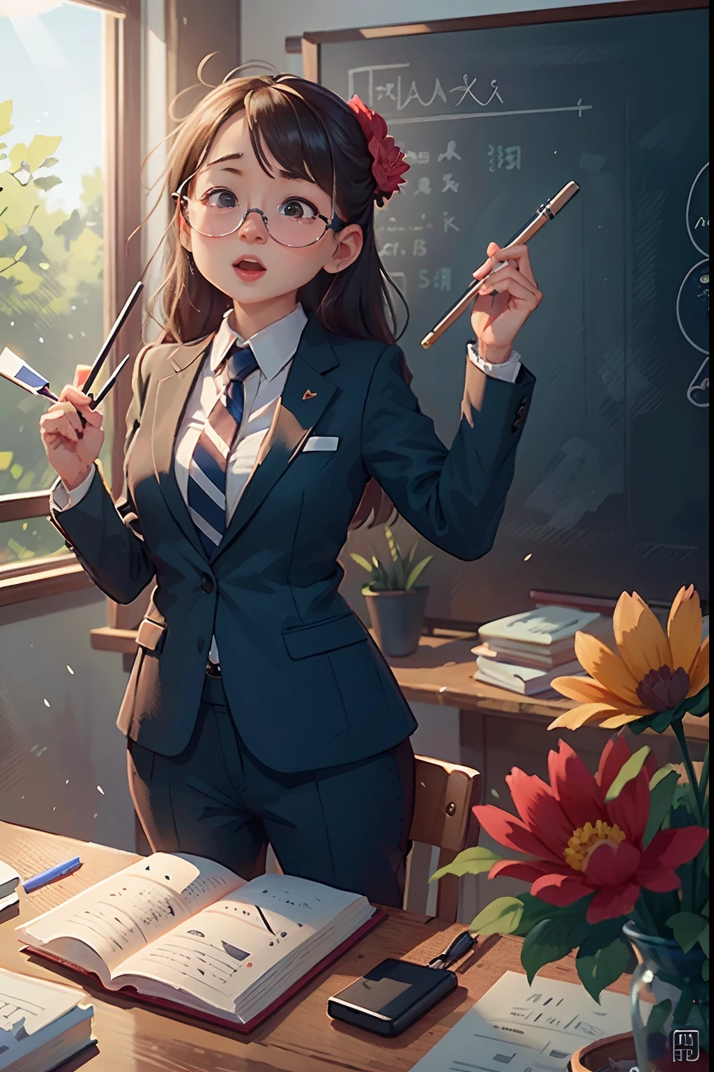 1. The teacher stands on the podium and gives a lecture to the students,Clear facial features,Business suit,Classroom,blackboards,Happy Teacher's Day,fresh flowers,cinmatic lighting,Masterpiece,,depth of fields, lens flare glow,8K, RAW photos, sportrait, best qualtiy, 超高分辨率, realisticlying,超高分辨率,HD CG unified 8K wallpapers,physically-based renderingt,