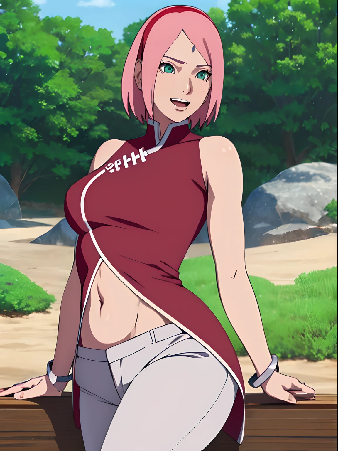 masterpiece, 4k, portrait, cowboy shot, (PLAYGROUND BACKGROUND), professional artwork, intricate details, colorful, digital blending, (ultra detailed body, ultra detail hair, ultra detail face), trending on pixiv, kind smile, best quality, anime style: 1.9, 1girl, hires, haruno sakura, (forehead mark, milf, red hairband, pale skin, (small breasts), short hair, ((red sleeveless dress), white pants), ((navel, belly button), slender body, slender belly, bracelet, pink hair, open mouth, big eyes), smile, beach, wind, floating hair, detailed arms, off-shoulders, broad shoulders, (((both) hands spreading to both sides)), fancy couch, relaxing, laying, talking, looking at the viewer))), (((flexing))), (((ultra detailed arms)))). (((curvy: 1.2)))