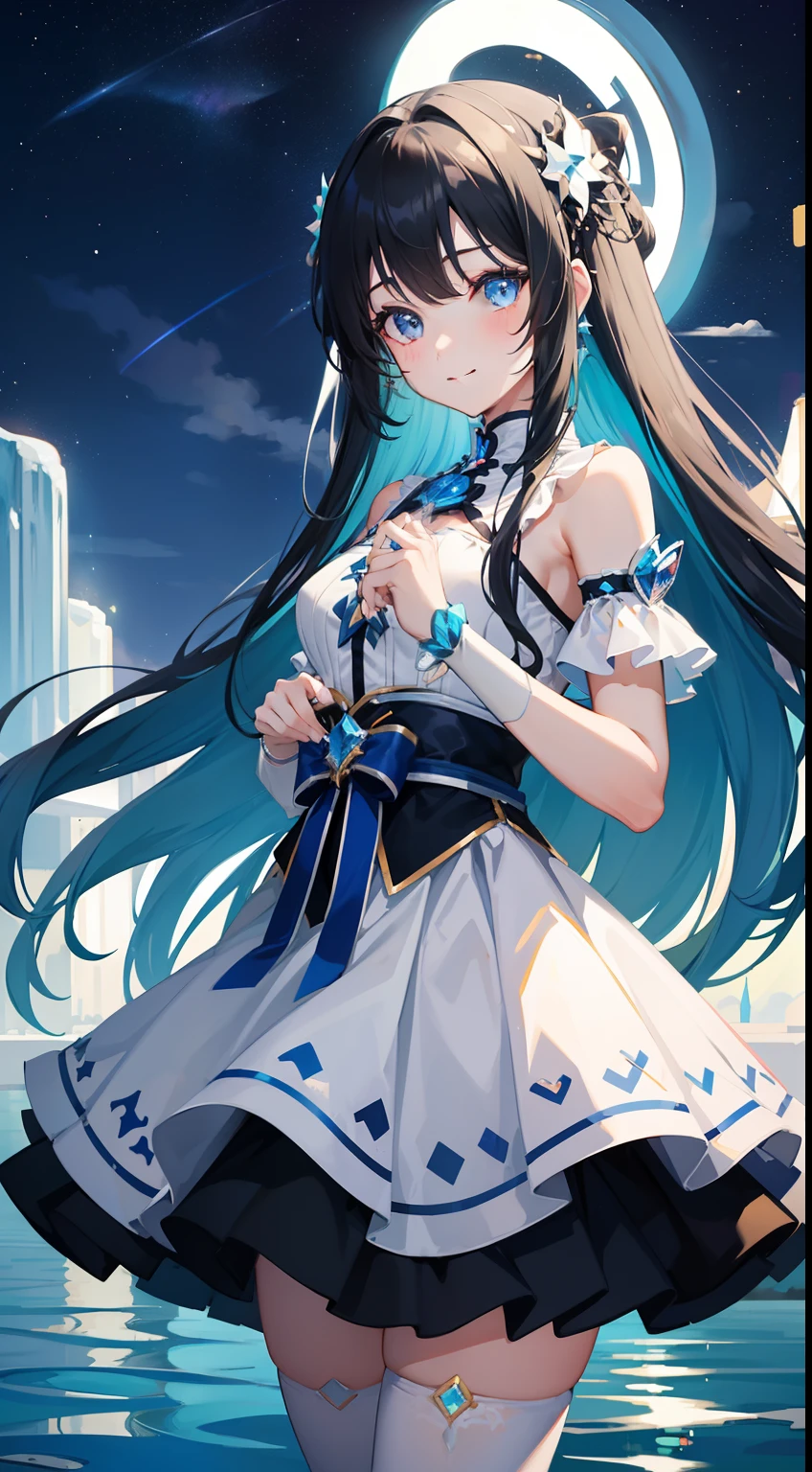 pretty idol girl a smile Light blue long hair Black eyes White and blue idol costumes、Standing on the surface of the lake。Starry sky with beautiful aurora borealis、Fantastic night scenery、Illuminate the surface of the lake。Moonlight。Face Highlights。