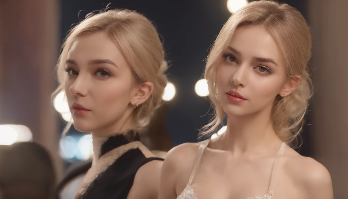 8k, masterpiece, RAW photo, en iyi kalite, fotorealistik, highly detailed CG unity 8k wallpaper, depth of field, Cinematic light, lens flaresi, ray tracing, (an extremely beautiful face, beautiful lips, Beautiful eyes), Face with intricate detail, (ultra-detailed skin), 1 girl, Dark, in deep shadows, beautiful ukranian girl, Ukranian model, 1 erkek, (a very fit and muscular body:1.3), (looking at the audience), (A GREAT TENACIOUS LOOK:1.3), (kolsuz), (Fashion City by Night, dark night, neon tabelalar, Blurred background), moda sokak gece, (arkada insan olmadan:1.3), beautiful earrings, bilezikler, kolye, pantyhose, clear eyes, Walking, (solgun ten), (big eyes), face forward, (upper body shot), (ipek renkli bir elbise:1.3), (blonde hair), (dar ve dantelli bir elbise), (saydam), (looking at the audience:1.3) open chest, medium-sized breasts, Don't turn your back, (Rear shot), saydam, Buttocks of big size,.