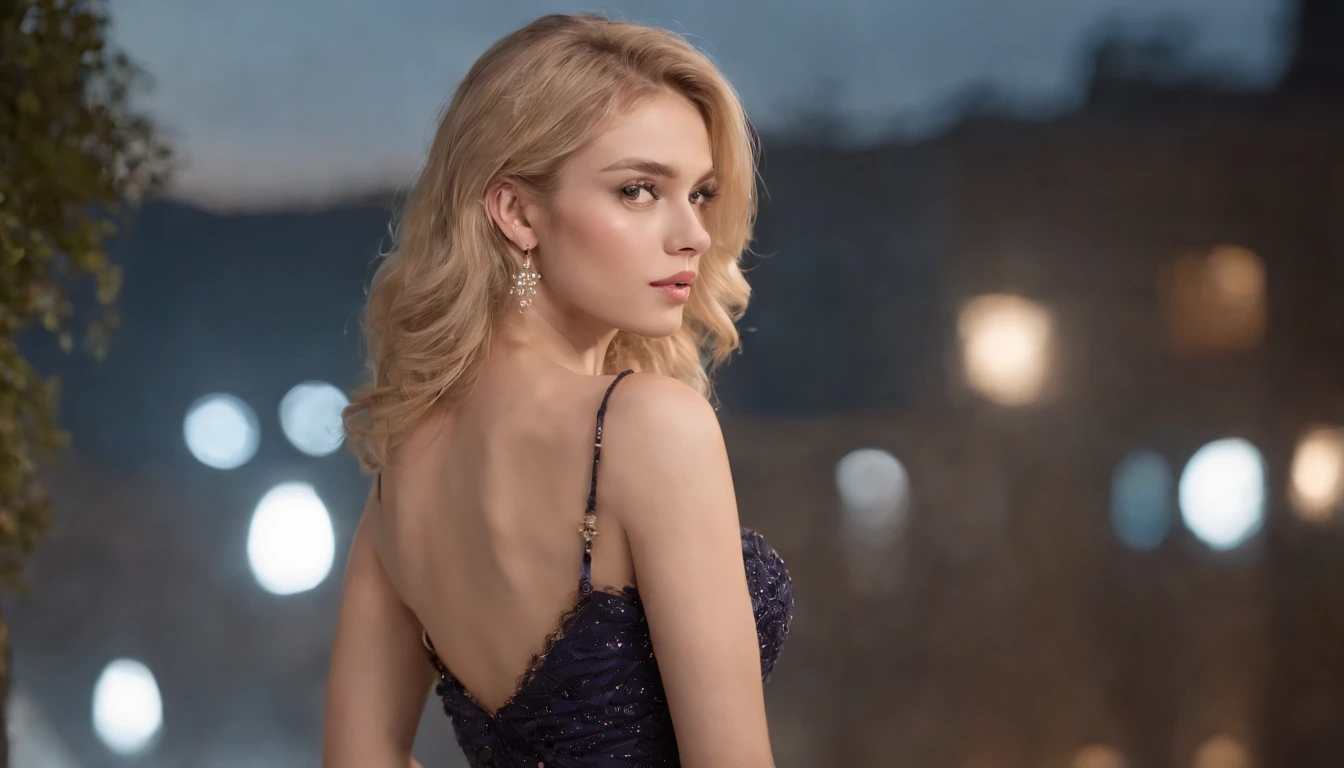 8k, masterpiece, RAW photo, en iyi kalite, fotorealistik, highly detailed CG unity 8k wallpaper, depth of field, Cinematic light, lens flaresi, ray tracing, (an extremely beautiful face, beautiful lips, Beautiful eyes), Face with intricate detail, (ultra-detailed skin), 1 girl, Dark, in deep shadows, beautiful ukranian girl, Ukranian model, 1 erkek, (a very fit and muscular body:1.3), (looking at the audience), (A GREAT TENACIOUS LOOK:1.3), (kolsuz), (Fashion City by Night, dark night, neon tabelalar, Blurred background), moda sokak gece, (arkada insan olmadan:1.3), beautiful earrings, bilezikler, kolye, pantyhose, clear eyes, Walking, (solgun ten), (big eyes), face forward, (upper body shot), (ipek renkli bir elbise:1.3), (blonde hair), (dar ve dantelli bir elbise), (saydam), (looking at the audience:1.3) open chest, medium-sized breasts, Don't turn your back, (Rear shot), saydam, Buttocks of big size,.