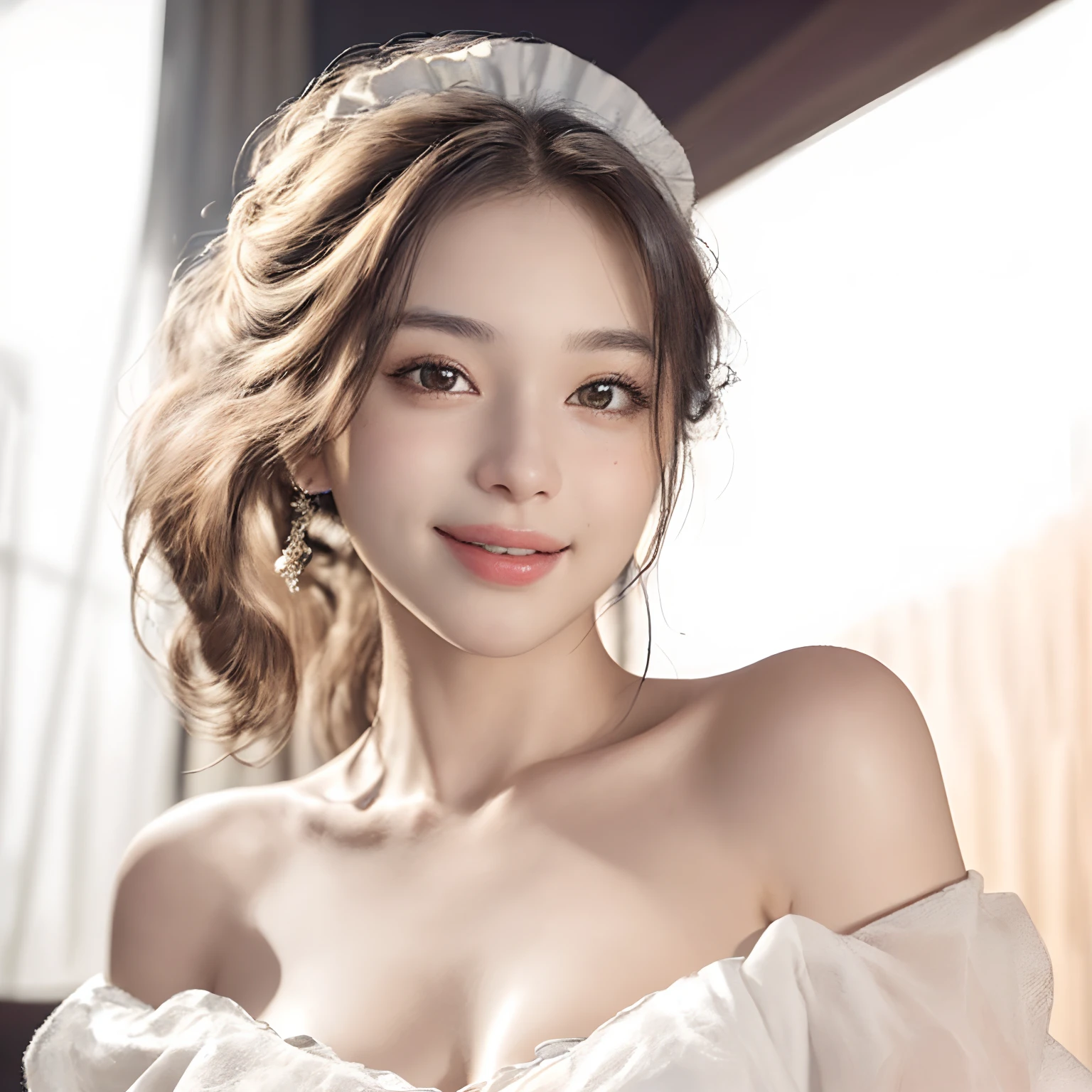 best quality, masterpiece, ultra high res, photorealistic, 1girl, offshoulder, smile