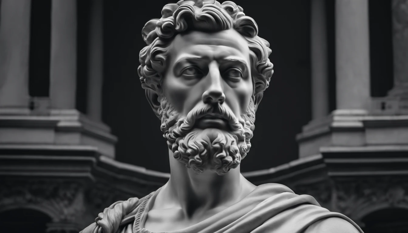 a portrait statue of the stoic Marcus Aurelius in black and white 4K,corpo todo ,forte,musculoso,sem camisa papel de parede super realista