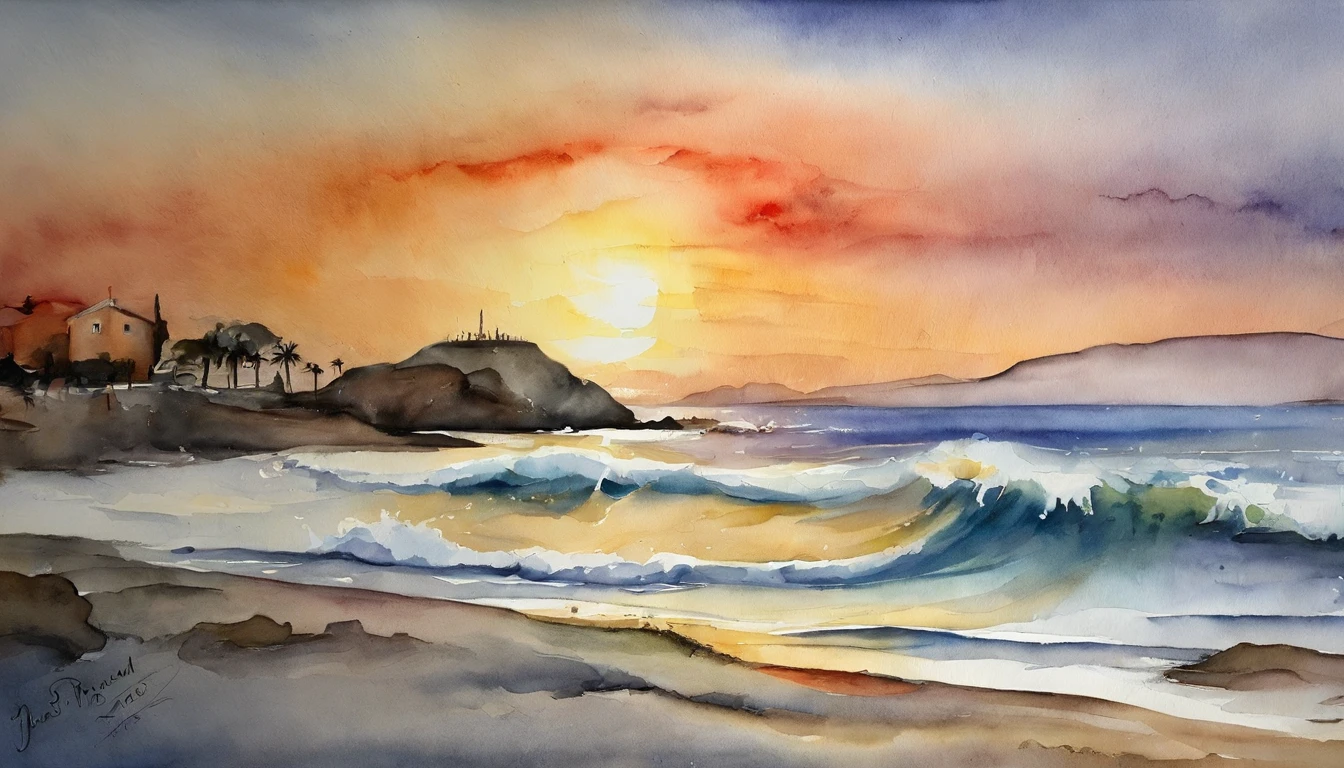 SENTIDO DO CINEMA,Beautiful night by the sea,Scene of people in silence, with hands joined in prayer,Ondas branco-prateadas batendo contra a praia,setting sun