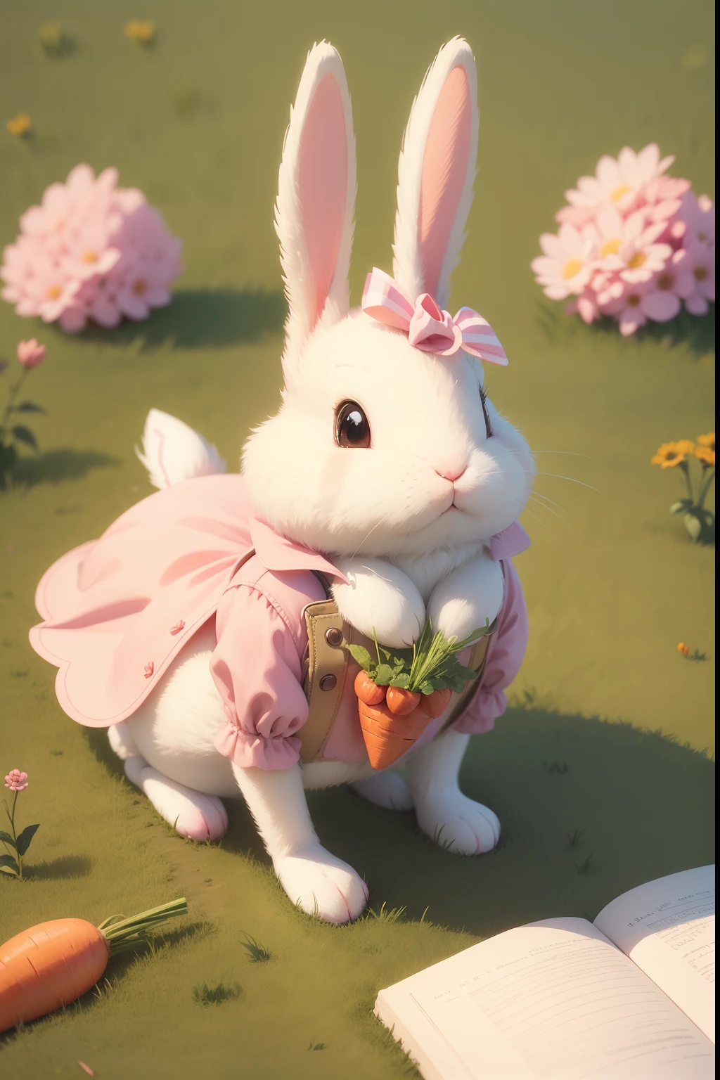 cartoon rabbit with a carrot and a bird in the grass, a storybook illustration inspired by Beatrix Potter, shutterstock contest winner, digital art, cute anthropomorphic bunny, the rabbit has pink fur, cute digital art, the bunny has pink fur, cute detailed digital art, hand painted cartoon art style, ultrarealistic sweet bunny girl, with bunny rabbit ears