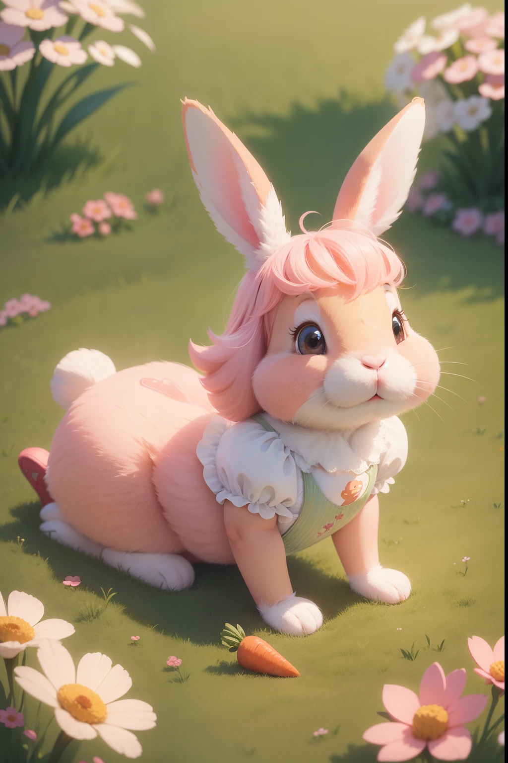 cartoon rabbit with a carrot and a bird in the grass, a storybook illustration inspired by Beatrix Potter, shutterstock contest winner, digital art, cute anthropomorphic bunny, the rabbit has pink fur, cute digital art, the bunny has pink fur, cute detailed digital art, hand painted cartoon art style, ultrarealistic sweet bunny girl, with bunny rabbit ears