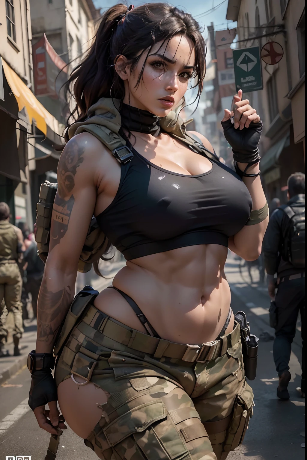 octan render, HDR, (hiperdetalhado:1.3), (luz suave frontal, Sharp:1.2), Beautiful (Lara Croft:1) em uma rua, rosto detalhado, sarda no rosto, corpo perfeito, abdominais; 1.1, seios pendurados, seios enormes, ((regata branca)), decote aberto, gola baixa, camouflage pants too tight and torn, bunda grande, curvas definidas, sardas no rosto, gostosa, pele suada, agachada, segurando arma, cinematografia, maximum details, cores neutras, HDR, soft  Cinematic Light, detalhes insanos, ((Filtro realista)), (pernas tonificadas), (seios perfeitos),random view, (quadril regular), ((puxe a tanga)), tactical, militar, (clivagem), roupa molhada, chuva, cidade em chamas, Destroyed environment, pele bronzeada, frekles