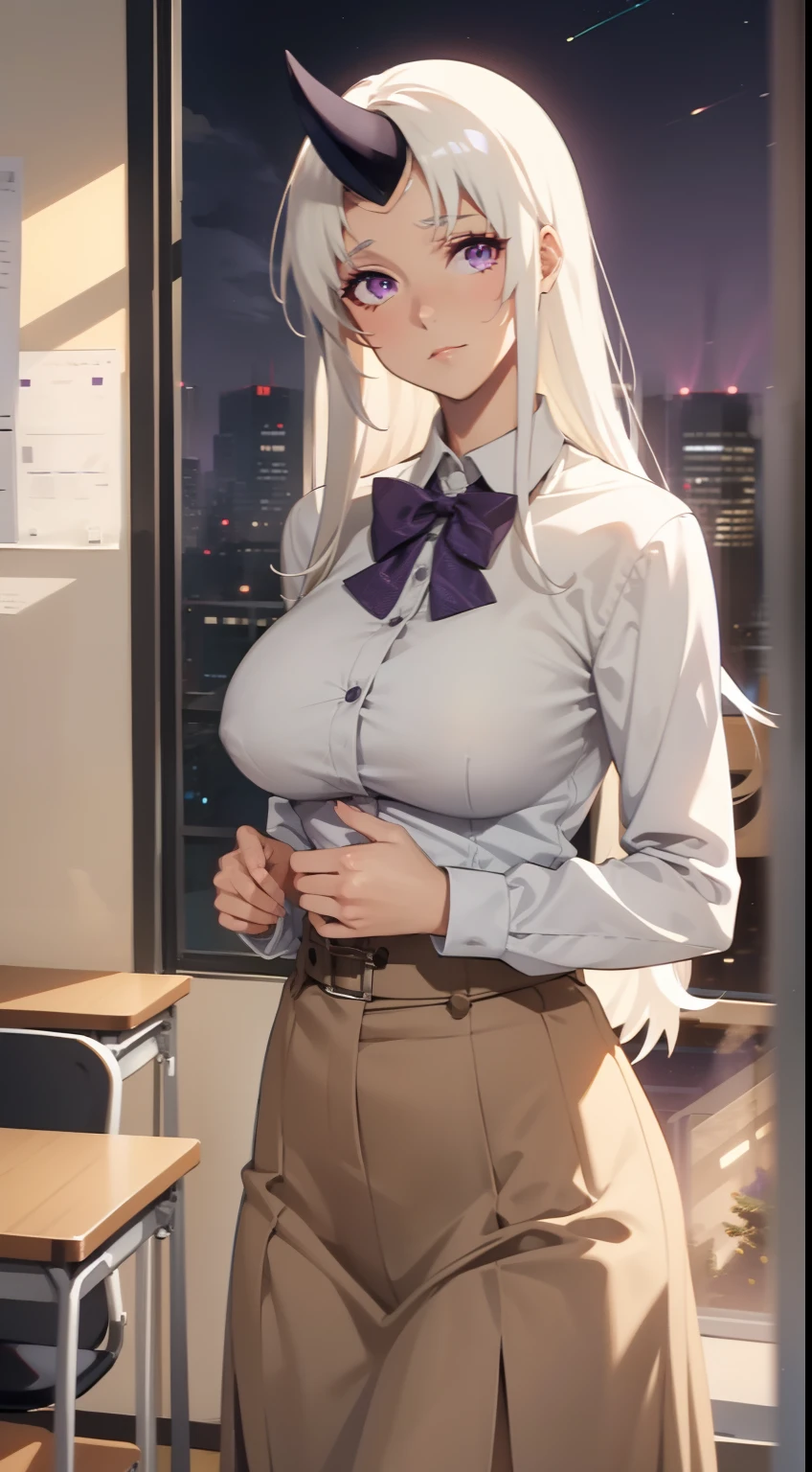 1woman,solo,40s,neutral face,teacher outfit,medium tits, white hair,long hair,purple eyes,horn,standing in the room,night