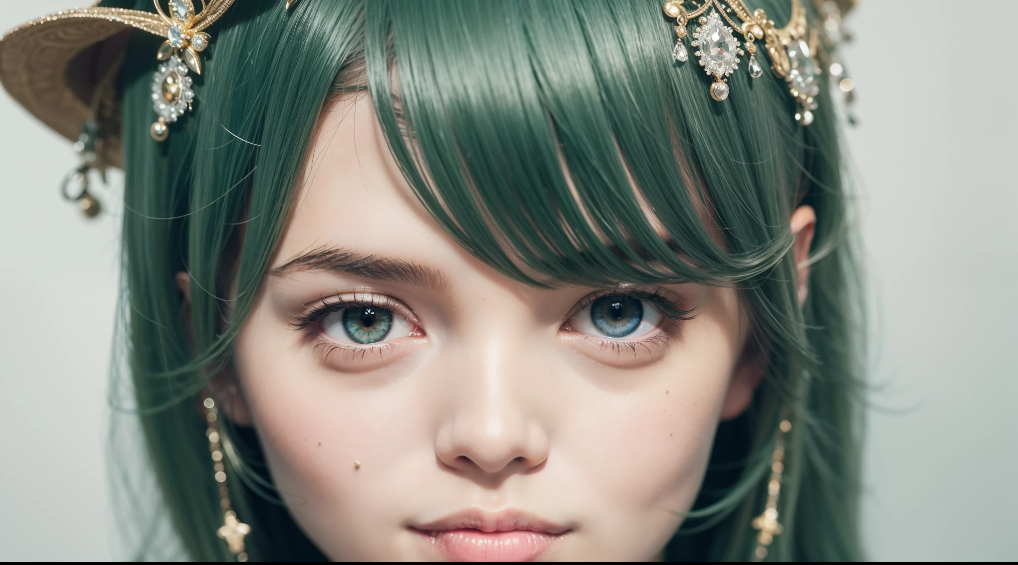Gorgeous and delicate glowing bear hair ornament，Fine engraving，Shine brightly，The attention to detail，The quality of the jewelry is excellent，Extremely high image quality，White cloud pattern tights on black background，Delicate depiction of bronzed skin，Long green hair，Many hairs，detailed hairs，autumnal，Seductive expressions，Red fox face stripes depicted in detail，High-definition close-up shooting，16k high resolution photos