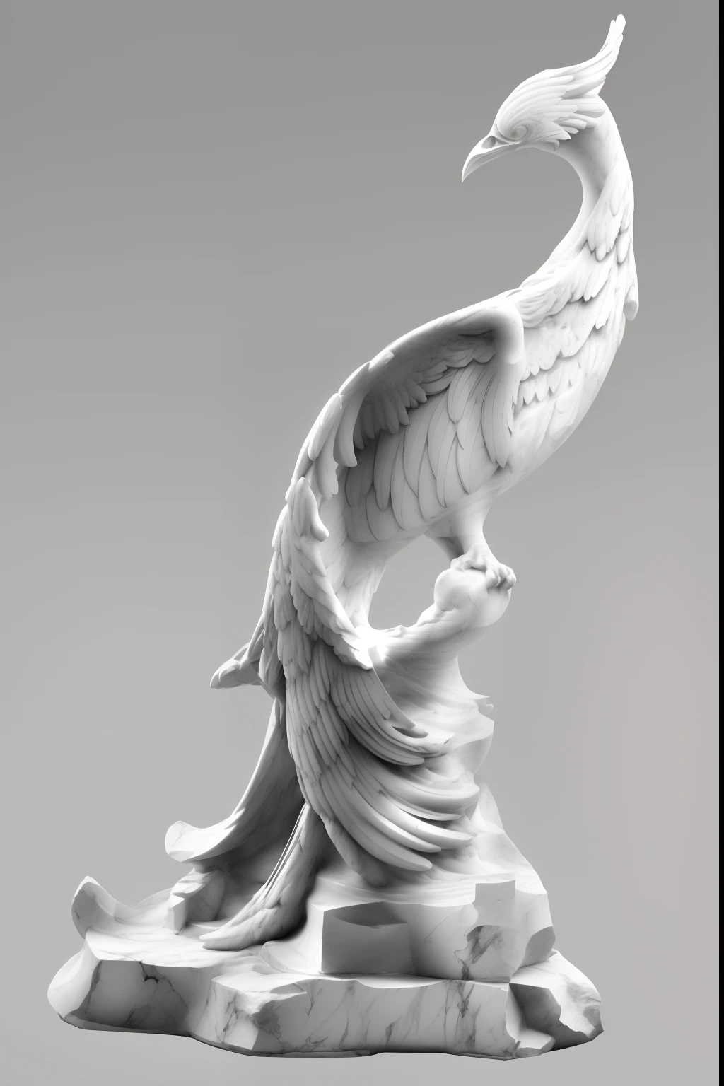 Lonely marble greek statue of a phoenix, no background, no color, blank background, empty background
