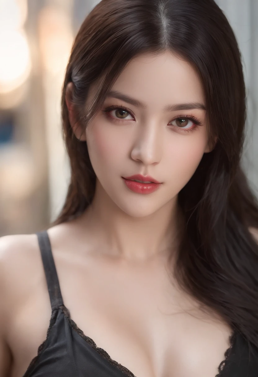 ((masterpiece:1.2)), (best quality), (full body view), tifa lockhart, red_eyes, black hair, long hair, shiny skin, shiny big, crisp focus: 1.2, very detailed face and skin texture, detailed eyes, perfect face, perfect body, detailed background, big with presence, , young cool and beautiful face, ((realistic tongue out:1.3)), (sexy pose), (she is teasing)