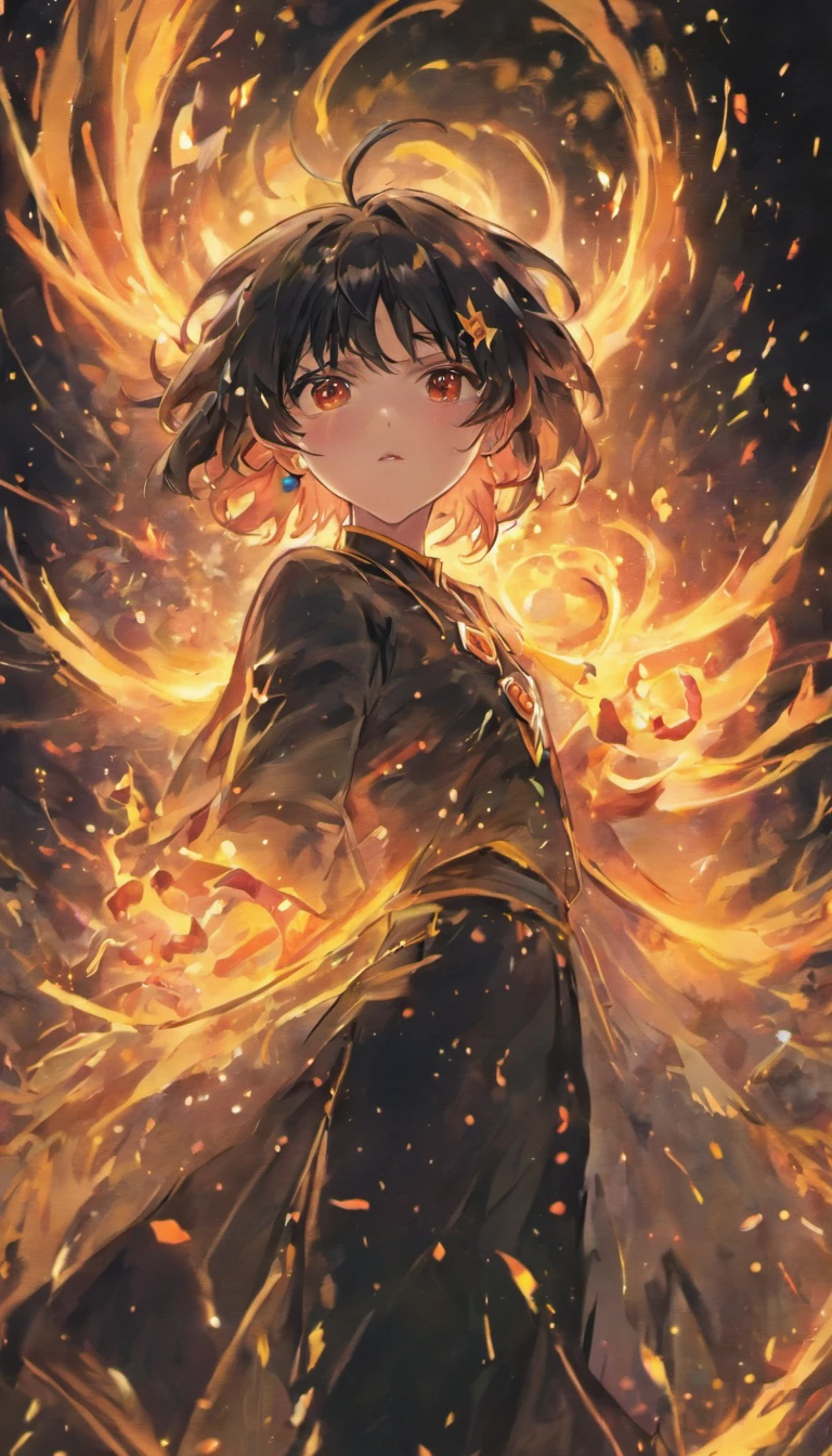 a painting that represents the essence of magic in your world, mostrando o cabelo preto, Protagonist with bright golden eyes with a mystical black mark on his neck immersed in a cascade of magical fire energy, with glowing particles dancing around him and arcane symbols forming in the air, alta qualidade.