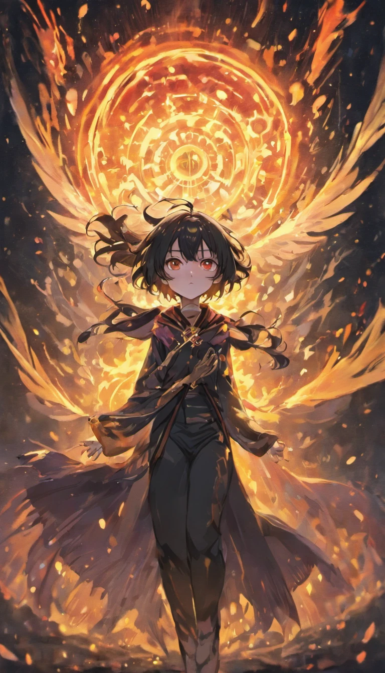 a painting that represents the essence of magic in your world, mostrando o cabelo preto, Protagonist with bright golden eyes with a mystical black mark on his neck immersed in a cascade of magical fire energy, with glowing particles dancing around him and arcane symbols forming in the air, alta qualidade.