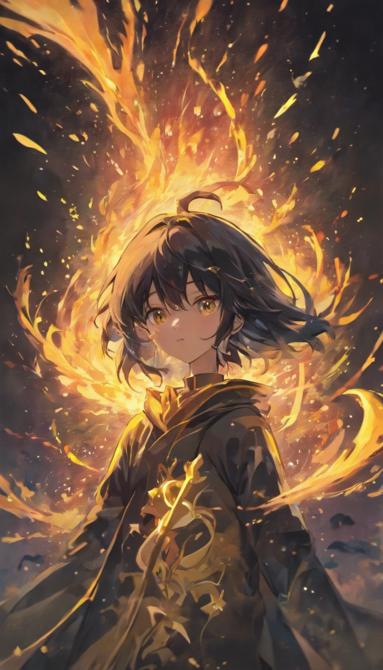 a painting that represents the essence of magic in your world, mostrando o cabelo preto, Protagonist with bright golden eyes with a mystical black mark on his neck immersed in a cascade of magical fire energy, with glowing particles dancing around him and arcane symbols forming in the air, alta qualidade.