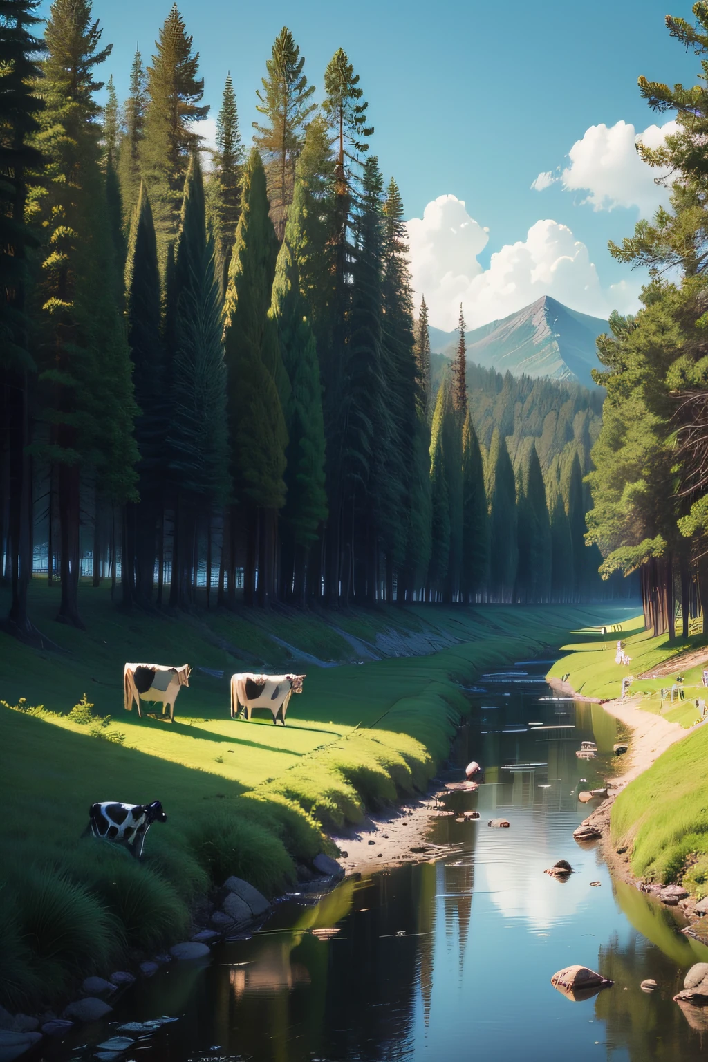 A forrest with tall and green trees surrounded by wild animals such as cows and horses, complemented by a river and a purple and blue sky