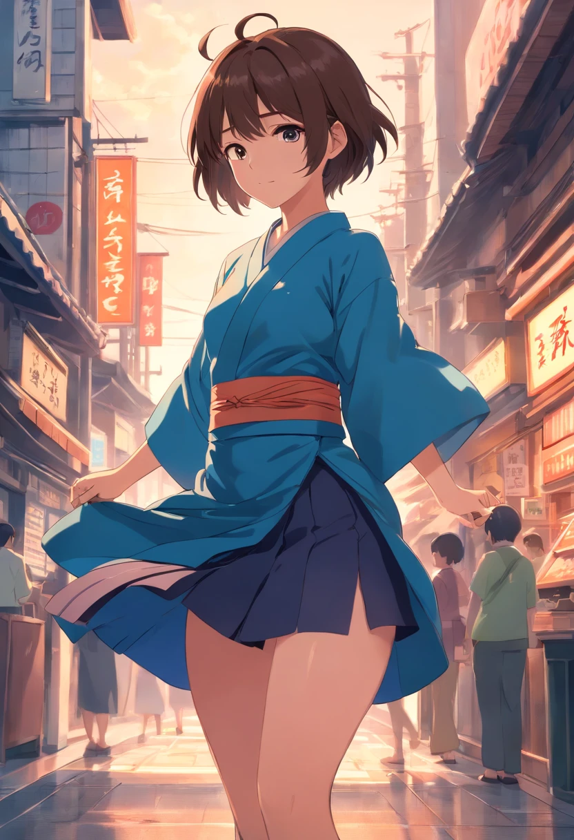 masterpiece, award wining, anime girl, wearing blue hakama skirt, short hair, brown hair, japanese clothes, hakama short skirt, mask on head, tasuki, blush, closed eyes,
