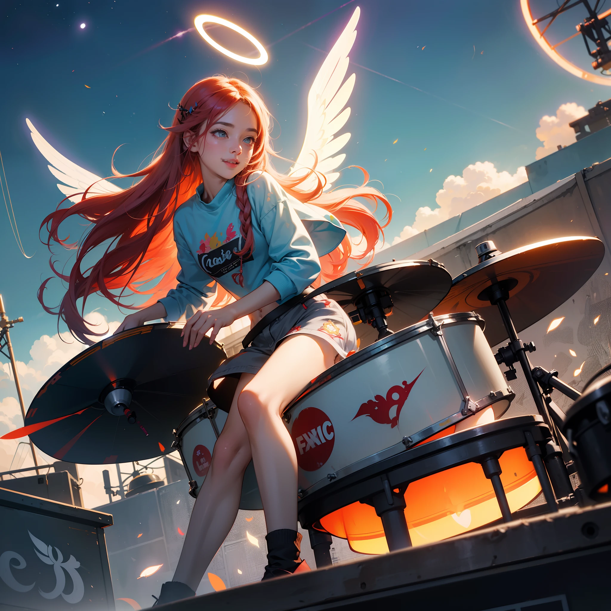 ((Epic)), top rated on Pixiv, premiere, ((breathtaking)), ((colorful)), Beautiful girl playing drums on rooftop, Drums dirty with paint, (longeyelashes), radiant smile, Light cannons, ((bright halo)), (cute angel wings), cropped printed red and grey top, absurdly long hair, expressive hair, Wearing idol clothes, sweatshirt shorts, big dreamy eyes, amazing show stage