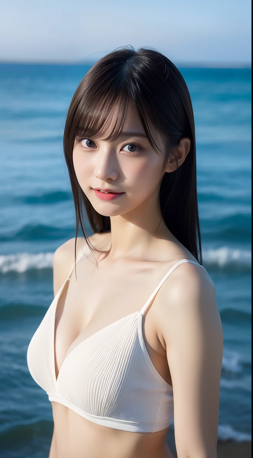 high resolution, photorealistic, ultra-detailed, (best quality, 8k, 32k, masterpiece, UHD:1.2), Photo of erotic cute Japanese model, standing, skinny, small breasts, conical tits, small nipples, short hair, navel, pubic hair, (side-view, looking at viewer, completely nude:1.3), coast rocky area,