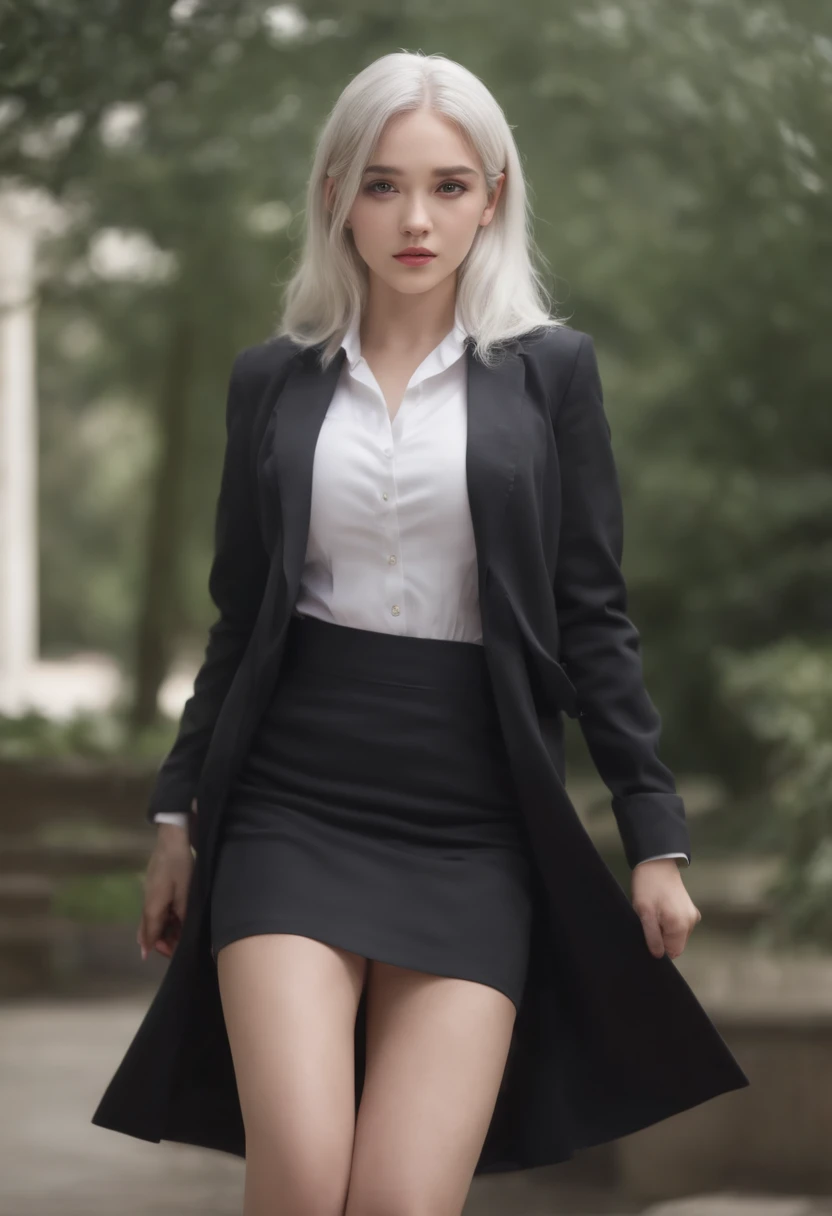 Realistic, 1girll, ((full bodyesbian)), Sexy,Pretty face, White hair, Purple eyes,Sexy legs,(school uniform), Black high heels,Black school uniform, (Black skirt), parted lip, Blush, Night, Possessed, 耳Nipple Ring, fotorealistik, Cinematic light,