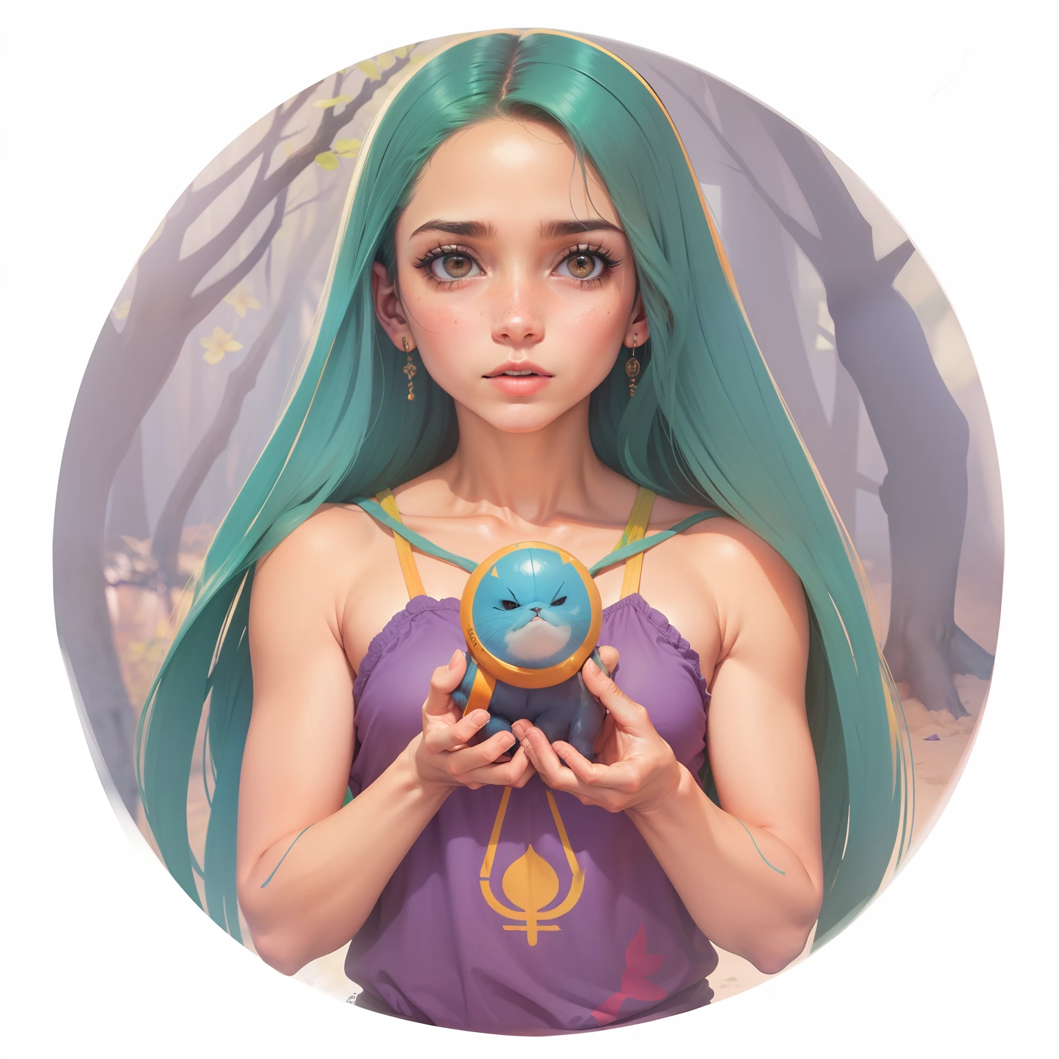 Essa mesma personagem perto de um rio, que corre por dentro de uma floresta