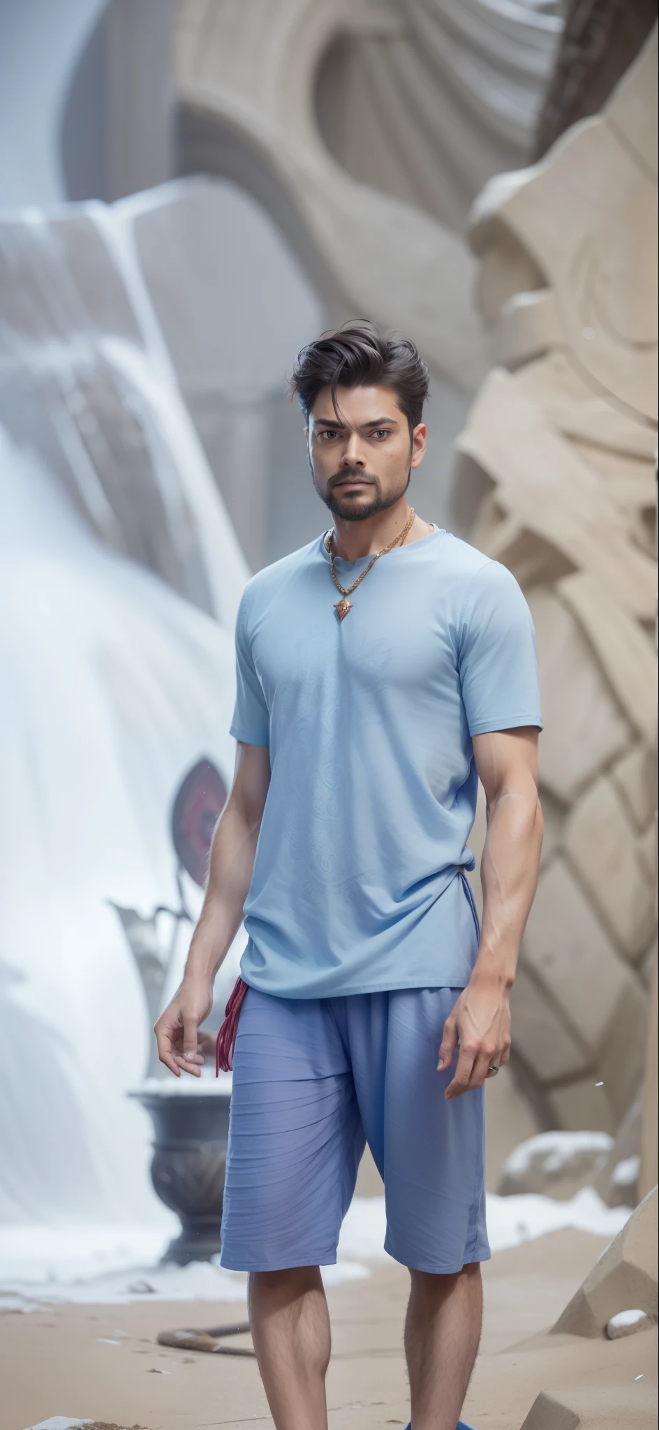 A man in a red robe and a gold necklace with a magic stone, Persian sword in hand, inspired by Rajmund Kanelba, Karl Urban – The Dragon Slayer as a Medieval Fantasy Character, tuomas korpi and wlop, Prince Handsome of Persia, still from a fantasy movie,ultra realstic.handsome male, full-shot, 8K portraiture, From Netflix Arcane , highly detailed vfx portrait of, Mughal Khan