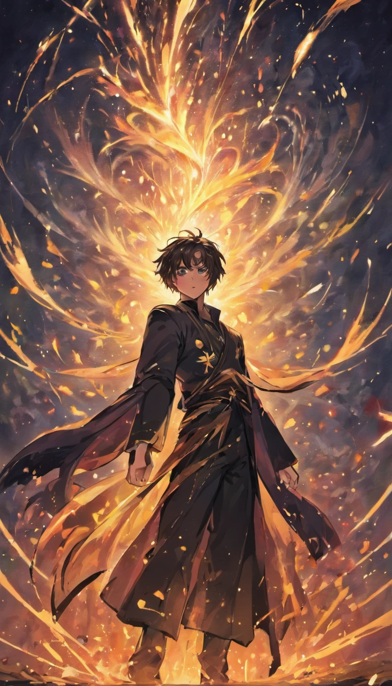 a painting that represents the essence of magic in your world, mostrando o cabelo preto, Protagonist: man with bright golden eyes with a mystical black mark on his neck immersed in a cascade of magical fire energy, with glowing particles dancing around him and arcane symbols forming in the air