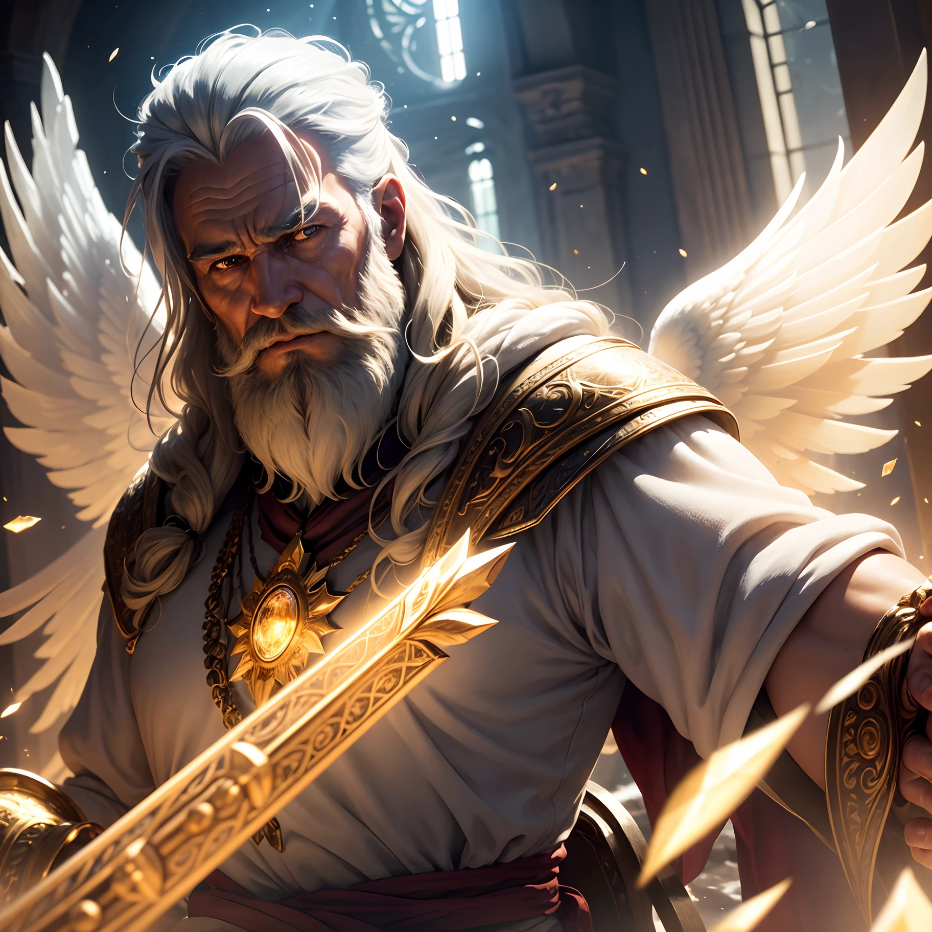 super high resolution, best quality, photo, 8k, (photorealistic: 1.2), cinematic lighting, An old man shaped like a fantz wlop, giant man with beard in bright white robes and floating on the crystal throne floating on crystal clouds, yellow eyes, bright yellow light emitted from the throne, precious stones floating in the sky, God, with beams of light enveloping his body, with large translucent, feathered wings on the crystal throne, wings are open, golden light (halo:1.2) over your head, abdominal muscles dressed in medieval golden armor, beard, masculine, dark, masterpiece, best quality, intricate details, snow environment and crystals in the background, crystal cathedral, portal of the future, 3D light, HD, magic, god of light, backlighting, detailed face, DREAD, depth of field, soft lighting, tone mapped, highly detailed, concept art, smooth, sharp focus, dramatic lighting, highly detailed art, cinematic, 8K, amazing shadows (highly detailed background: 1.2)