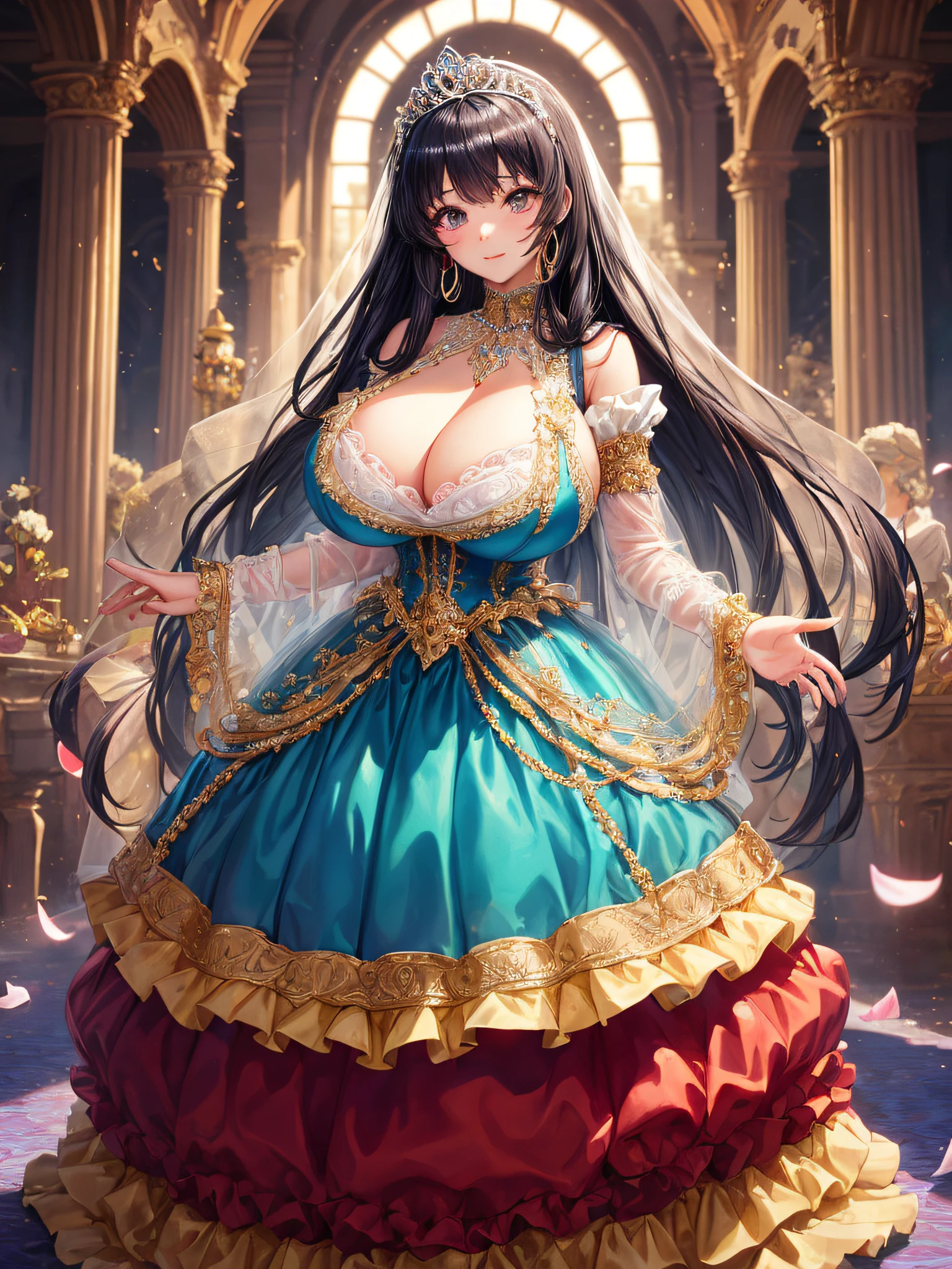 (masterpiece, best quality,extremely detailed:1.1),(moe anime art style:1.2),1girl,((full body)),((solo)), cute, kawaii,digital art,((1 bling-bling anime princess wearing beautiful embroidery and jeweled ruffled gorgeous princess ballgown with voluminous full length hoop skirt)),((crinoline)),long train,voluminous frills,(gorgeous embroidery and beautiful lace),((very gigantic boobs,skindentation)),cleavage,shiny hair,(((very long straight hair))),((finely detailed face and eyes)),clear pupil,extremely gorgeousfull hair ornament,(bling-bling jeweled extremely gorgeousfull tiara),(bling-bling gorgeous gemstone jewelry),long veil,beautiful background,fantasy background,flowers,flower petals flowing,full body,((beautiful embroidery and jeweled ruffled gorgeous princess ballgown with voluminous full length hoop skirt))
