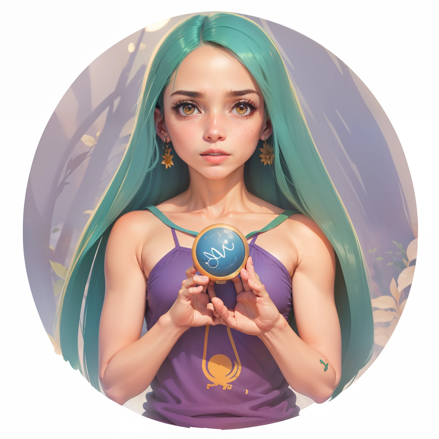 Essa mesma personagem perto de um rio, que corre por dentro de uma floresta