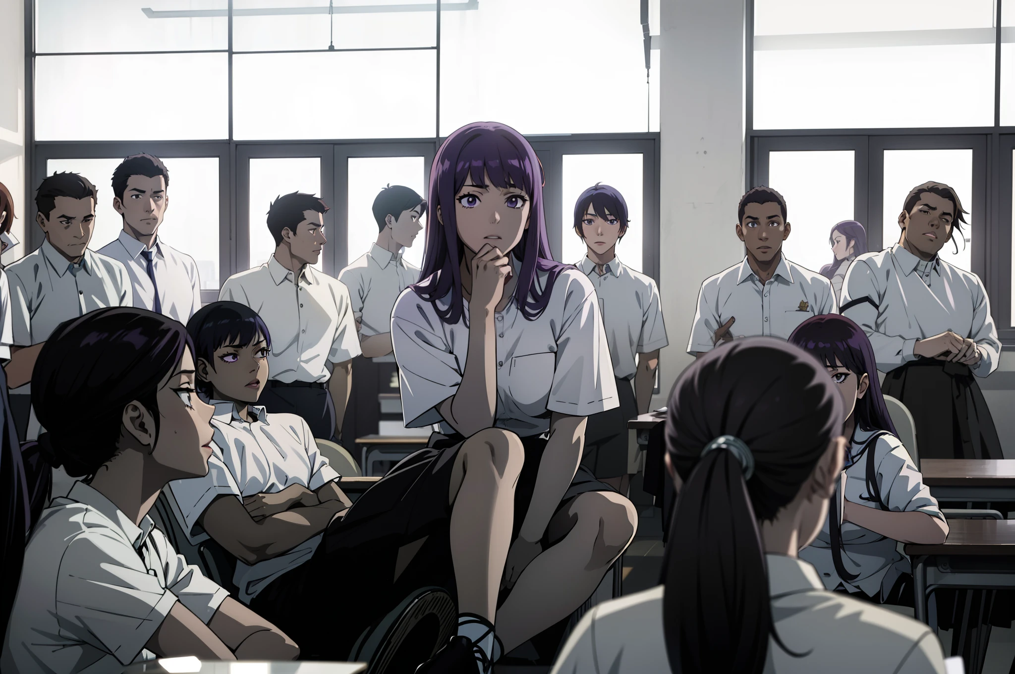 Anime scene, 1girl purple hair highschool girl sitting in the classroom