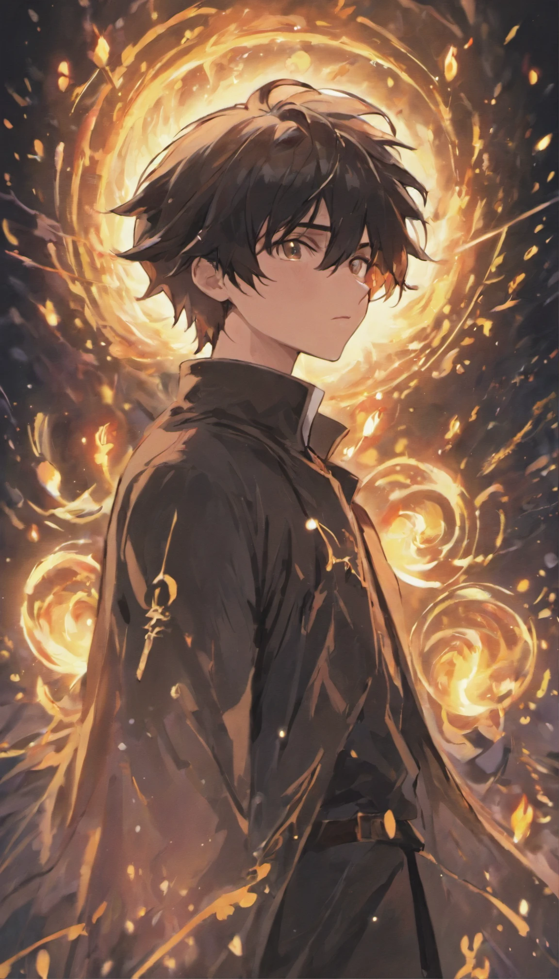 a painting that represents the essence of magic in your world, mostrando o cabelo preto, Protagonist: man with bright golden eyes with a mystical black mark on his neck immersed in a cascade of magical fire energy, with glowing particles dancing around him and arcane symbols forming in the air