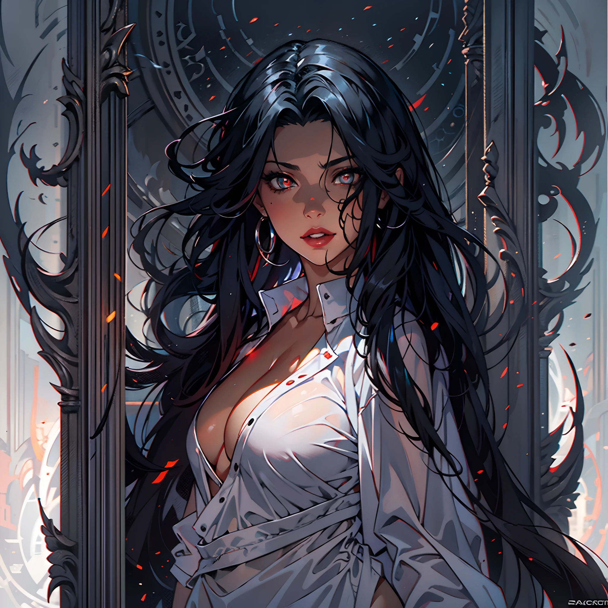 beautiful mature woman, detailed (growing red eyes:1.1), glowing, dark, dim lighting, straight long black hair, thick thighs, , floating oversized white t-shirt, bottomless, female pubic hair, tall,
AND abstract death god, dark, beautiful, monochrome, detailed stunning glowing eyes, art by Peter Mohrbacher, looking at viewer, see-through, from below
AND messy black hair, emerald eyes, woman, lips, smile, aroused, sagging breasts, leaning, table, window