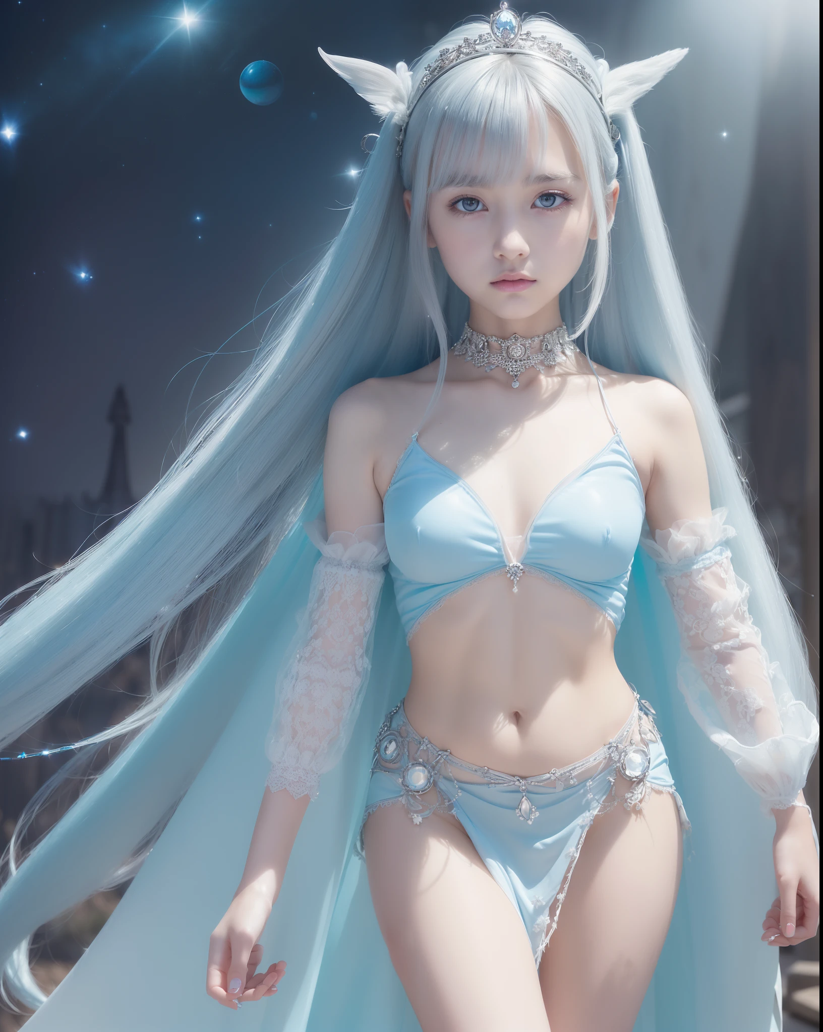 An ultra-high picture quality、(((full body Esbian)))、frontage、bilaterally symmetrical、((The background is a very dark Milky Way))、(((Planktonic)))、colourfull、muitoリアルHuman texture、 (((14 years old very cute beautiful skinny prague white girl)))、((Very white skin of a 14-year-old Caucasian girl with blood vessels showing through))、(((very long and high nose of a white woman,,,,,,,,,,,,,,,,,,,,,,,,,,,,,,,,,,,,,,,,,,,,,,,,,,,,,,,,,,,,,,,,,,,,,,,,,,,,,,,,,,,,,,,,,,,,,,,)))、(((Under the short nose)))、(((no-makeup)))、( Height 164 cm、head length 20 cm、leg length 82 centimeters,)、Normal shoulder width、Long arms、Long Torso、long neck、Long below the knee、Thin little face、Natural double eyelids、 (1girl in:1.3), Light persona, Dark Persona, mind control, fractral, ceiling, Artistic background, Geometric, organics, blessings, favor, noble, unfolded, elucidation, Anti-gravity, Antimatter, holy, Sacred, spiritual, Dignified, Luminescent, Holographic, About Magic Circle, photons, scales, Beak,(artistic)、(((The most fantastic bright light blue eyebrows))),,(((Ultra high resolution pale light blue silver hair and silky thin shiny eyebrows,,)))、(((Super luxurious see-through Western style long dress with plenty of luxury accessories)))、(((Beautiful white skin with hair and pores,)))、(((Extremely delicate and brightly colored targets)))、(((Beautiful glowing caucasian woman with bright light blue iris iris eye with ultra high definition pattern)))、(((I love you))),(((Small drooping eyes with a gentle feeling)))、(((very thin eyelashes,,,,,,,,,,)))、(((Realistic naked eye)))、High Definition Lip、(((Cute girlish hairstyle spreads softly..............................................)))、(((A Princess)))、(((large chest directed upwards in a very three-dimensional pointed shape,,,,,,,,,,,,,,,,,,,,,,,,,,,,,,,,,,,,,,,,,,,,,,,,,,,,,,,,,,,,,,,,,,,,,,,,,,,,,,,,,,,,,,,,,,,,,,,,,,,,,,,,,,)))、(((Dreams)))、(((Your imagination)))、(((Fluffy High Half Twin Tail Hair)))、Luxurious Princess Tiara、Luxury Prince