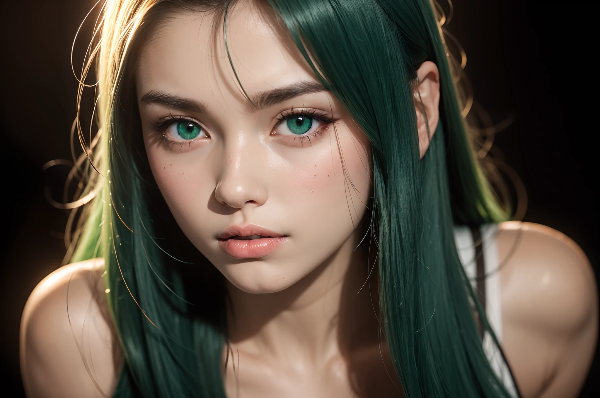 Gorgeous and delicate glowing bear hair ornament,Fine engraving,Shine brightly,The attention to detail,The jewelry is of high quality,Extremely high image quality,Heterochromia,White cloud pattern tights on black background,Delicate depiction of bronzed skin,Long green hair,Many hairs,detailed hairs,autumnal,Seductive expressions,Detailed depiction of red fox face stripes,HD close-up,16K high-resolution photos