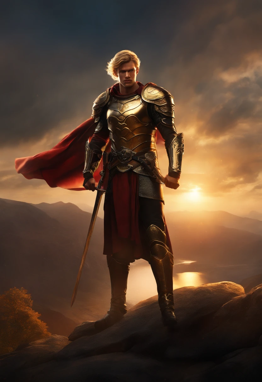 (best quality,highres,ultra-detailed),(realistic,photo-realistic:1.37),strong male character,short golden hair,black clothing,golden armor,red cloth tied around the waist,full body,detailed eyes and face,masculine appearance,confident expression,standing pose,heroic stance,with a sword in hand,looking towards the distance,majestic background,scenic landscape,beautiful sunset lighting,strong and defined muscles,vivid colors,dynamic composition,impressive silhouette,artistically rendered,with a touch of fantasy,attention to fine textures,dramatic shadows and highlights,professional artwork, angel wings.