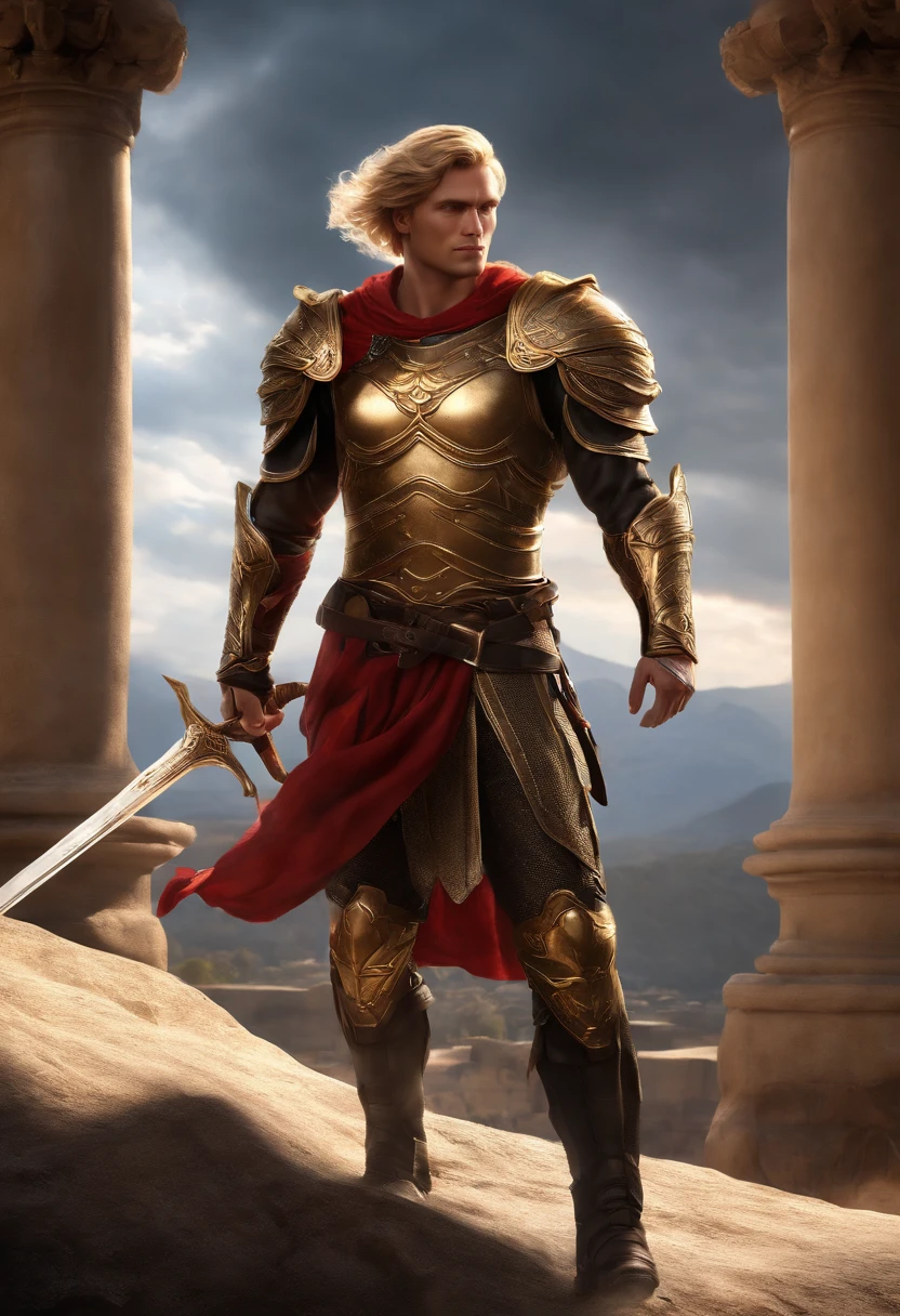 (best quality,highres,ultra-detailed),(realistic,photo-realistic:1.37),strong male character,short golden hair,black clothing,golden armor,red cloth tied around the waist,full body,detailed eyes and face,masculine appearance,confident expression,standing pose,heroic stance,with a sword in hand,looking towards the distance,majestic background,scenic landscape,beautiful sunset lighting,strong and defined muscles,vivid colors,dynamic composition,impressive silhouette,artistically rendered,with a touch of fantasy,attention to fine textures,dramatic shadows and highlights,professional artwork, angel wings.