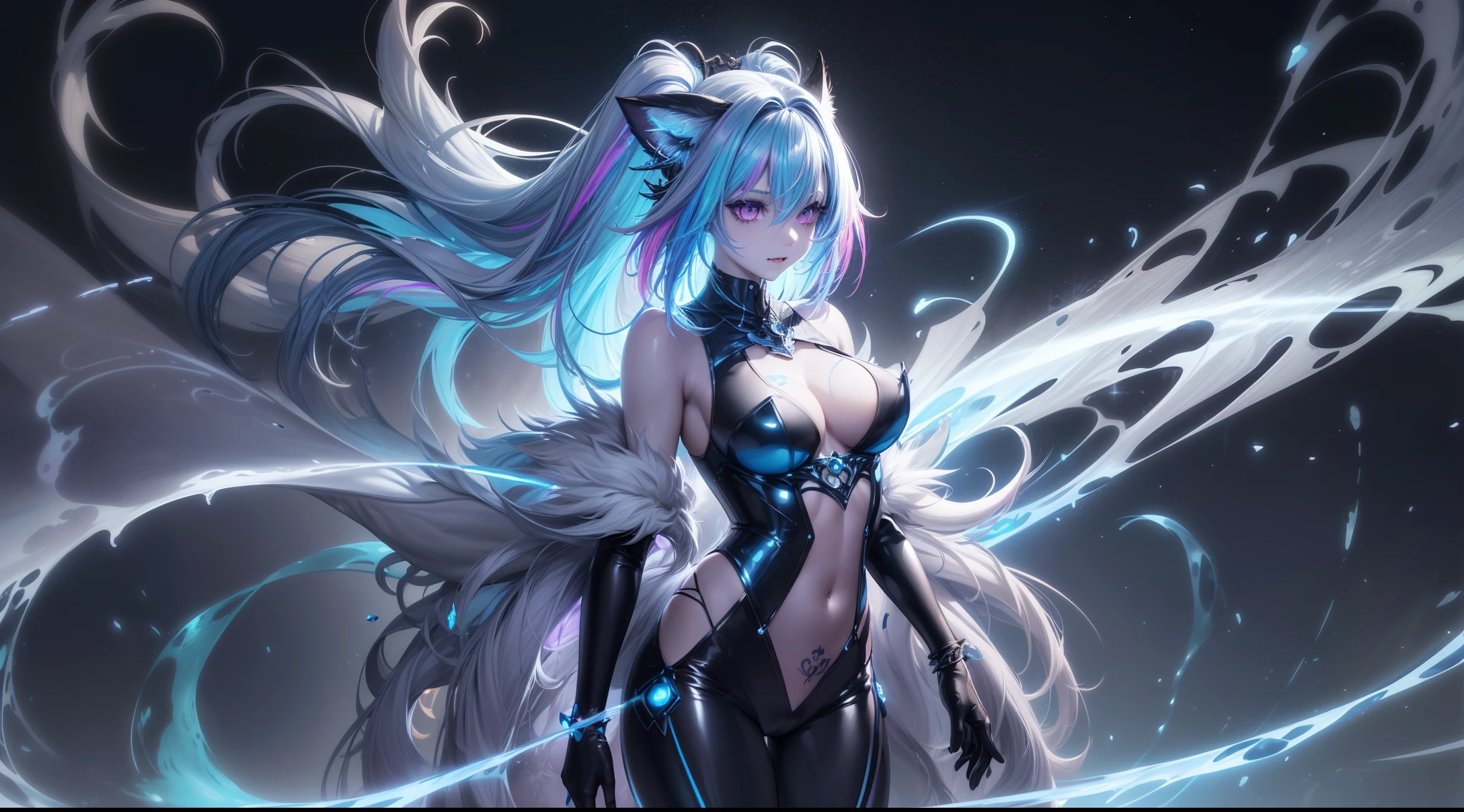 spiritual blue fire fluffy fox girl, (fluffy fox ears, fluffy fox tail), (spirit, spiritual:1.4), (blue fire:1.5), 1girl, perfect and well designed glowing shiny eyes, (beautiful detailed eyes:1.05), natural breasts, slim body, beautiful and delicate cute face, (face detail), ((realistic face)), pores, ((pale grey skin)), detailed skin, realistic skin, (((bioluminescence))), ((shiny skin)), ((glowing speckles on skin)), (fangs:1.5), (multicolored gradation skin), (monster girl), (fur body:1.4), human face, medium length hair, hair voluminous, (((((multicolored gradation hair))))), super high resolution, 8k, parameters Best quality, (masterpiece:1.4), (magic accessories:1.4), bracelets, extremely detailed thick tight ({nylon|lycra}:1.5) pastel bright ((dark blue, (blue:0.4), silver:1.3), (pink, purple:0.75)) ornate ((shirt with stand-up collar:1.25), (vest:1.5), ({lether|vinyl} pants:1.35)), (tight clothes:1.4), (standing nipples under cloth:1.35), (cameltoe:1.4), (ornaments on clothing:1.5), (neckline:1.45), (cleavage:1.2), decolette, navel, Young Girl, Little Beast, (Smile:0.7), (pale Skin:1.4), ((tattoos all over body, Tribal tattoos all over legs)), ultra detailed, photorealistic, ((Real image)), (best quality:1.4), super high resolution, (Realistic 2.0), More details, (((1girl))), urbanism, futuristic, {fantasy|cyberpunk}, technologies, (beautiful and aesthetic:1.2), (fractal art:1.4), (cinematic light:1.1), (DUTCH ANGLE:1.3), 16K, HDR, RTX, Ray Tracing, Radiosity, Anisotropic Filtering, Subsurface Scattering, (((magic lights))), metallic reflections, Detailed, Realistic, 4k highly detailed digital art, (cool_color), extremely detailed CG unity 8k wallpaper, vibrant colors, (((seductive pose)))