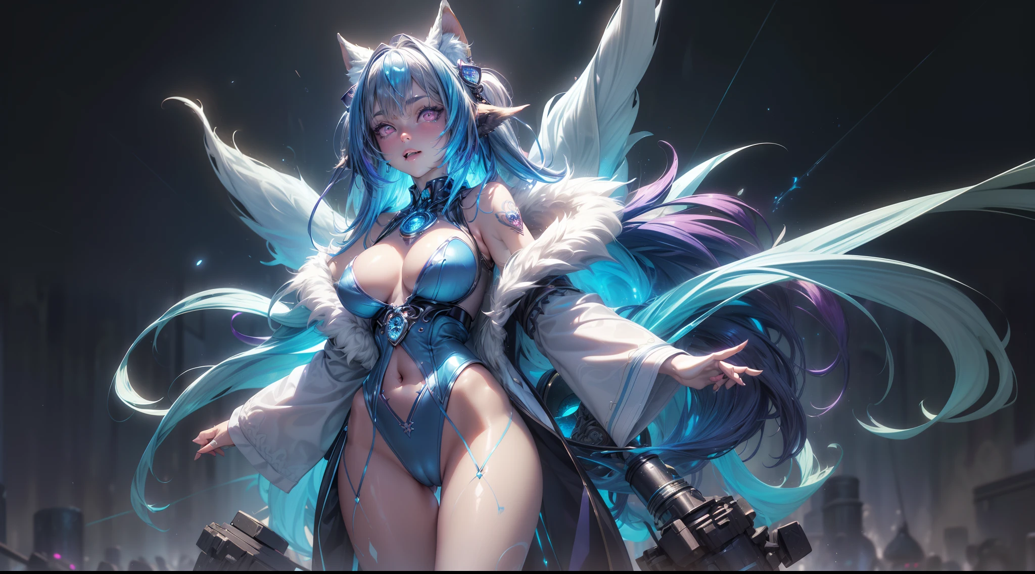 spiritual blue fire fluffy fox girl, (fluffy fox ears, fluffy fox tail), (spirit, spiritual:1.4), (blue fire:1.5), 1girl, perfect and well designed glowing shiny eyes, (beautiful detailed eyes:1.05), natural breasts, slim body, beautiful and delicate cute face, (face detail), ((realistic face)), pores, ((pale grey skin)), detailed skin, realistic skin, (((bioluminescence))), ((shiny skin)), ((glowing speckles on skin)), (fangs:1.5), (multicolored gradation skin), (monster girl), (fur body:1.4), human face, medium length hair, hair voluminous, (((((multicolored gradation hair))))), super high resolution, 8k, parameters Best quality, (masterpiece:1.4), (magic accessories:1.4), bracelets, extremely detailed thick tight ({nylon|lycra}:1.5) pastel bright ((dark blue, (blue:0.4), silver:1.3), (pink, purple:0.75)) ornate ((shirt with stand-up collar:1.25), (vest:1.5), ({lether|vinyl} pants:1.35)), (tight clothes:1.4), (standing nipples under cloth:1.35), (cameltoe:1.4), (ornaments on clothing:1.5), (neckline:1.45), (cleavage:1.2), decolette, navel, Young Girl, Beast, (Smile:0.7), (pale Skin:1.4), ((tattoos all over body, Tribal tattoos all over legs)), ultra detailed, photorealistic, ((Real image)), (best quality:1.4), super high resolution, (Realistic 2.0), More details, (((1girl))), urbanism, futuristic, {fantasy|cyberpunk}, technologies, (beautiful and aesthetic:1.2), (fractal art:1.4), (cinematic light:1.1), (DUTCH ANGLE:1.3), 16K, HDR, RTX, Ray Tracing, Radiosity, Anisotropic Filtering, Subsurface Scattering, (((magic lights))), metallic reflections, Detailed, Realistic, 4k highly detailed digital art, (cool_color), extremely detailed CG unity 8k wallpaper, vibrant colors, (((seductive pose)))