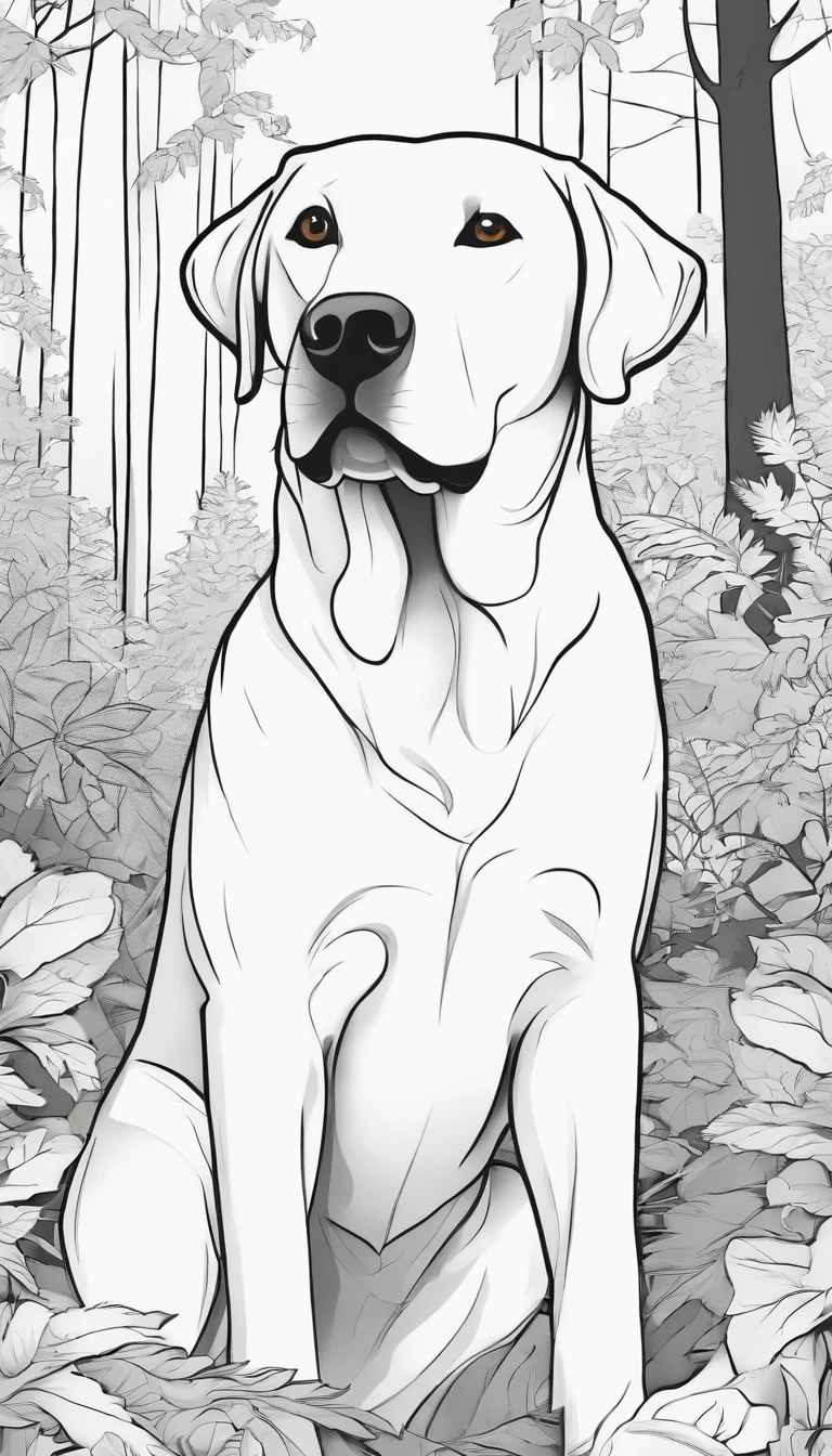 Coloring book of a Labrador Retriever in the forest, cartoon style, thick lines, no color, white background, just lines.