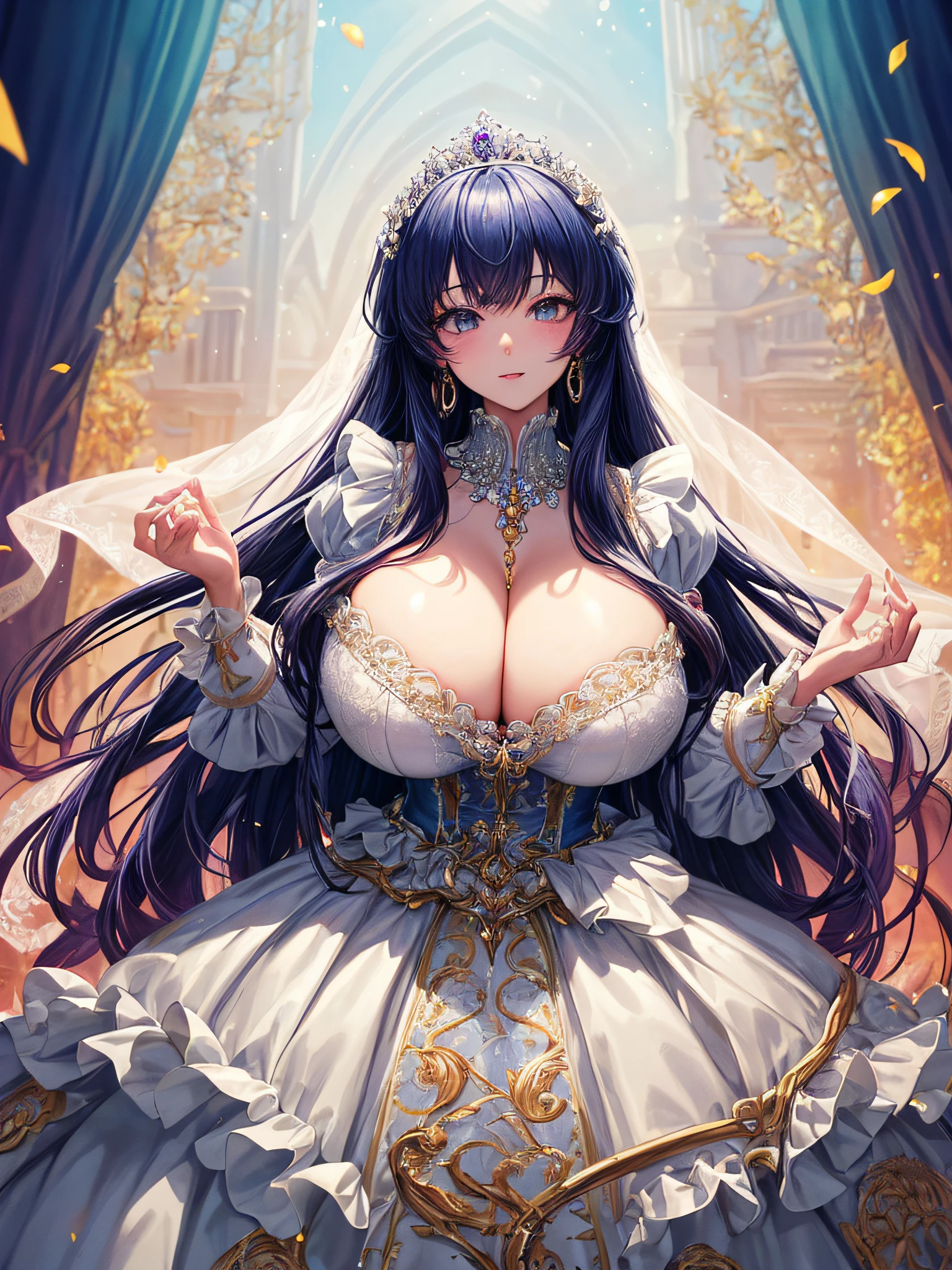 (masterpiece, best quality,extremely detailed:1.1),(moe anime art style:1.2),1girl,((full body)),((solo)), cute, kawaii,digital art,((1 bling-bling anime princess wearing beautiful embroidery and jeweled ruffled gorgeous princess ballgown with voluminous full length hoop skirt)),((crinoline)),long train,voluminous frills,(gorgeous embroidery and beautiful lace),((very gigantic boobs,skindentation)),cleavage,shiny hair,(((very long straight hair))),((finely detailed face and eyes)),clear pupil,extremely gorgeousfull hair ornament,(bling-bling jeweled extremely gorgeousfull tiara),(bling-bling gorgeous gemstone jewelry),long veil,beautiful background,fantasy background,flowers,flower petals flowing,full body,((beautiful embroidery and jeweled ruffled gorgeous princess ballgown with voluminous full length hoop skirt))