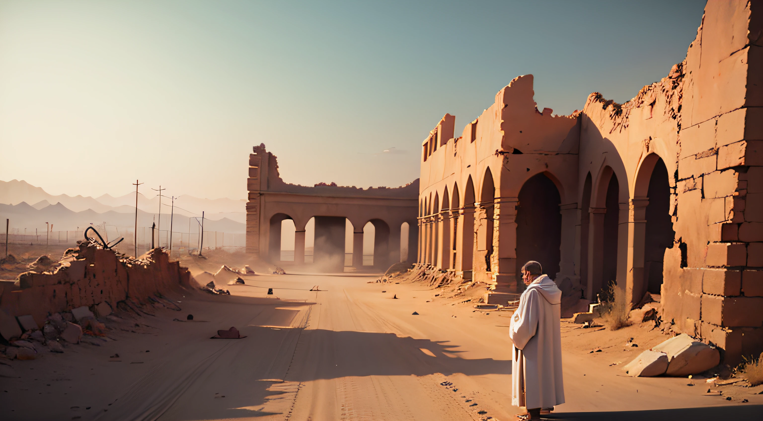 A prophet, middle-aged man wearing a white robe, talking to some people around him, he is trying to motivate them, scenery of desert ruins background, devastated city, biblical time, ultra HD, maximum quality, 8k, mega detailed --auto