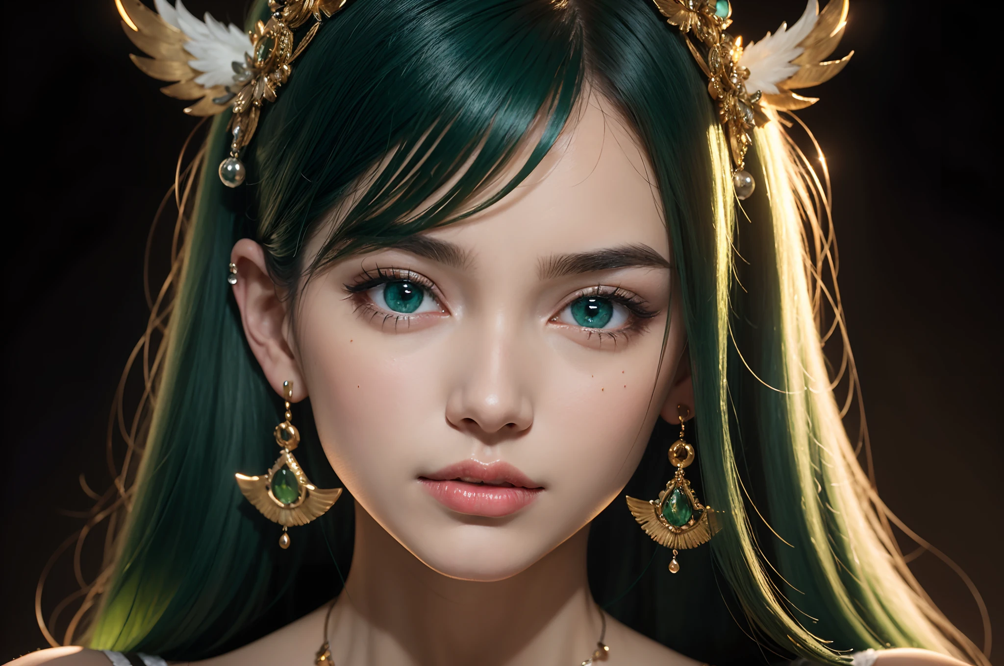Gorgeous and delicate glowing bear hair ornament,Fine engraving,Shine brightly,The attention to detail,The jewelry is of high quality,Extremely high image quality,Heterochromia,White cloud pattern tights on black background,Delicate depiction of bronzed skin,Long green hair,Many hairs,detailed hairs,autumnal,Seductive expressions,Detailed depiction of red fox face stripes,HD close-up,16K high-resolution photos