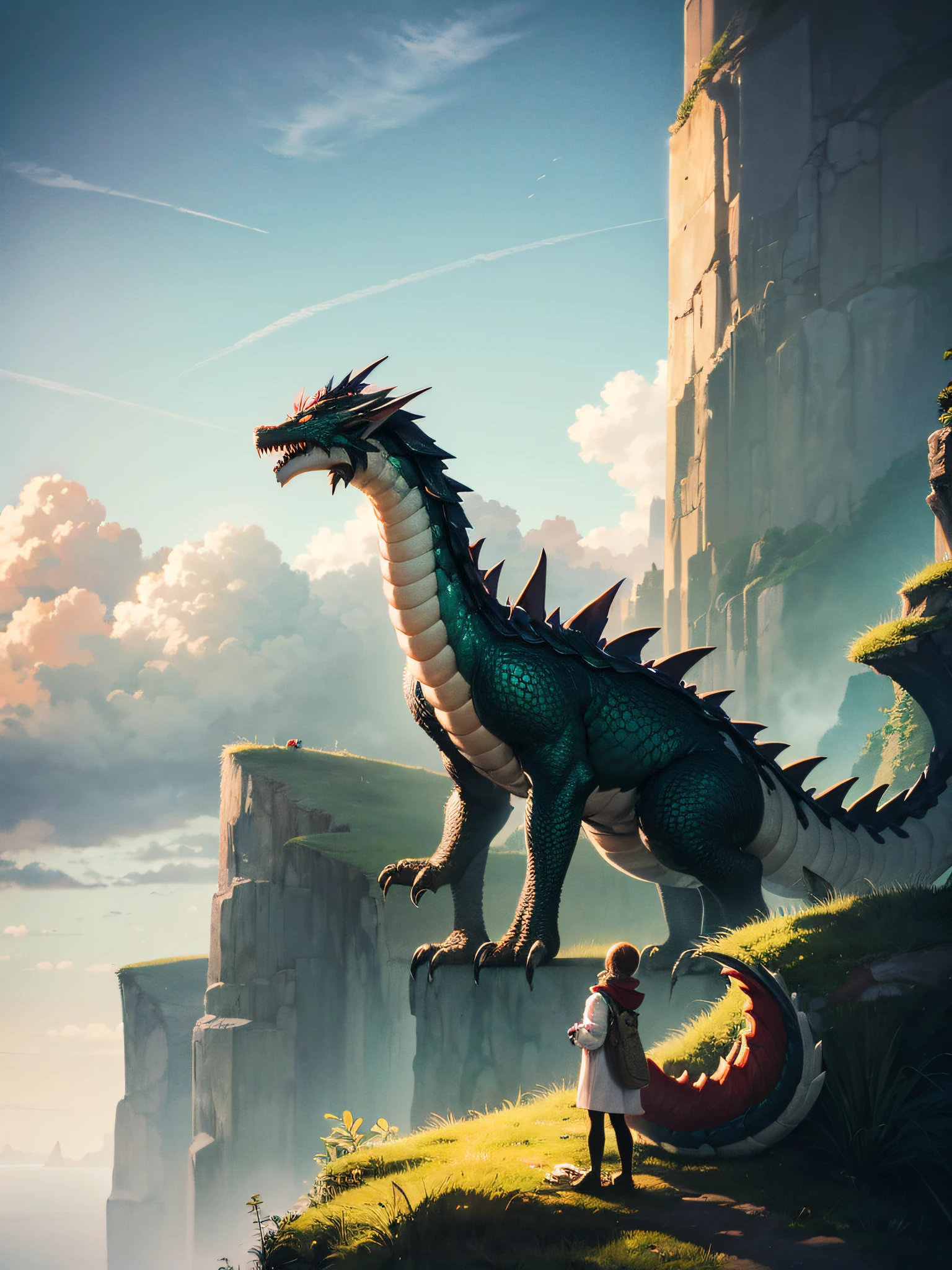 outdoors, standing, clouds, sky, cloudy sky, animal, eastern dragon, monster, fog, large dragon, big cliff, ocean, standing on cliff